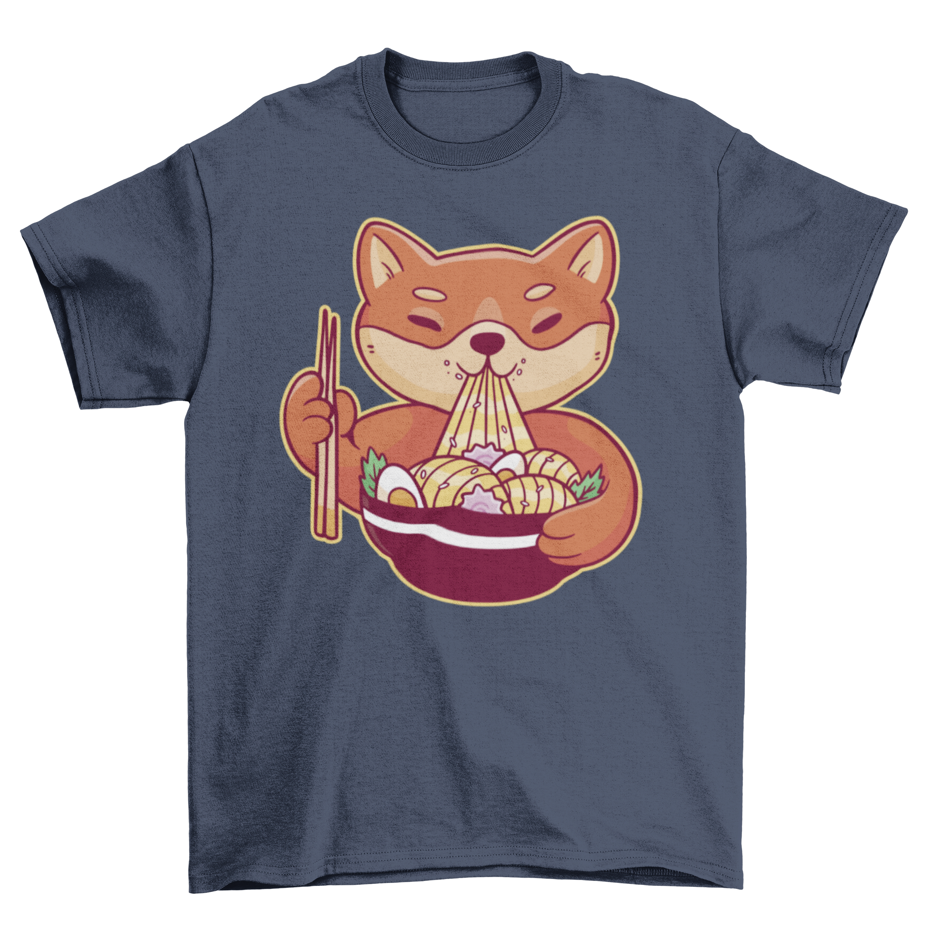A cute Shiba Inu dog happily eating ramen with chopsticks on a stylish t-shirt.