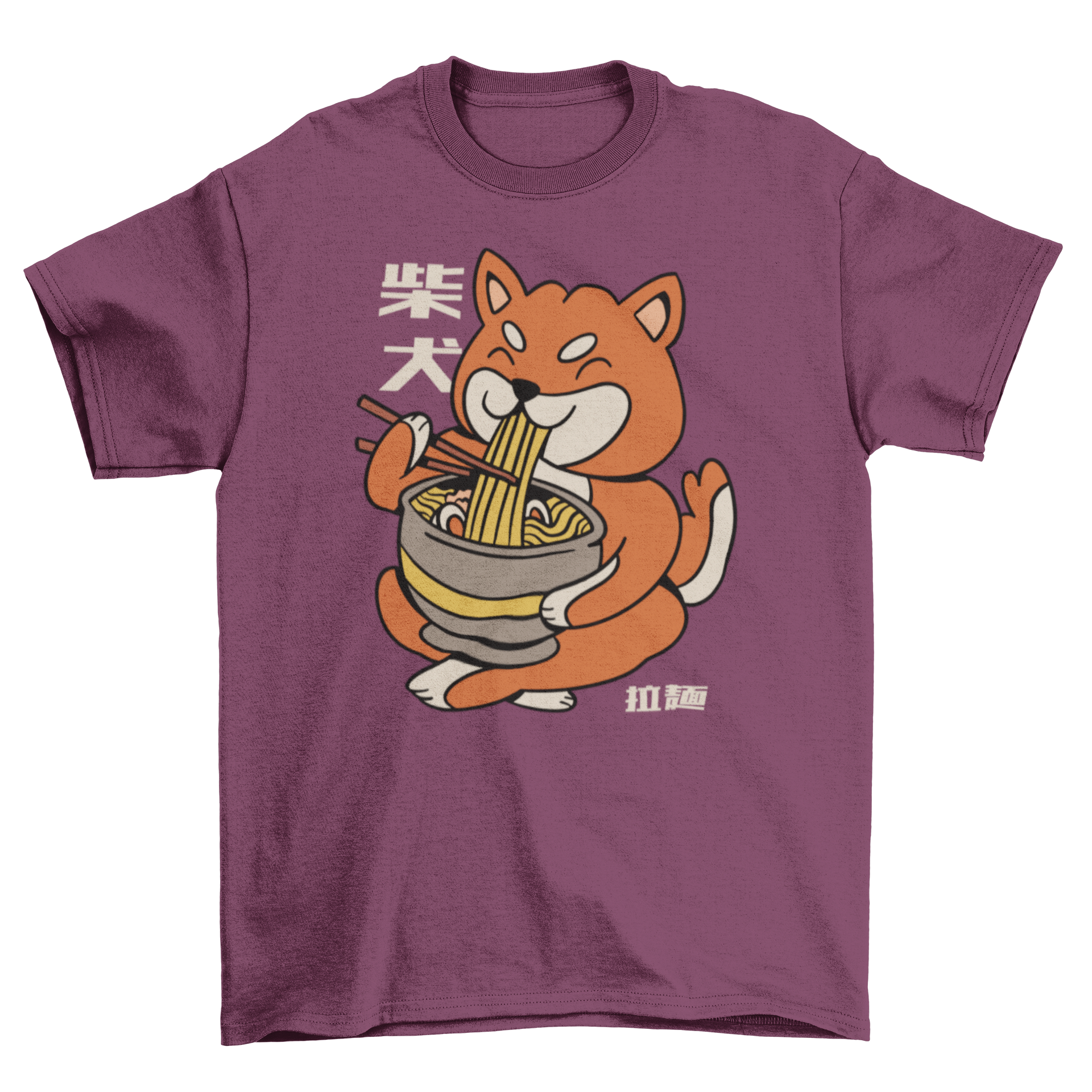 A cartoon-style t-shirt featuring a Shiba Inu happily eating ramen, showcasing vibrant colors and playful design.