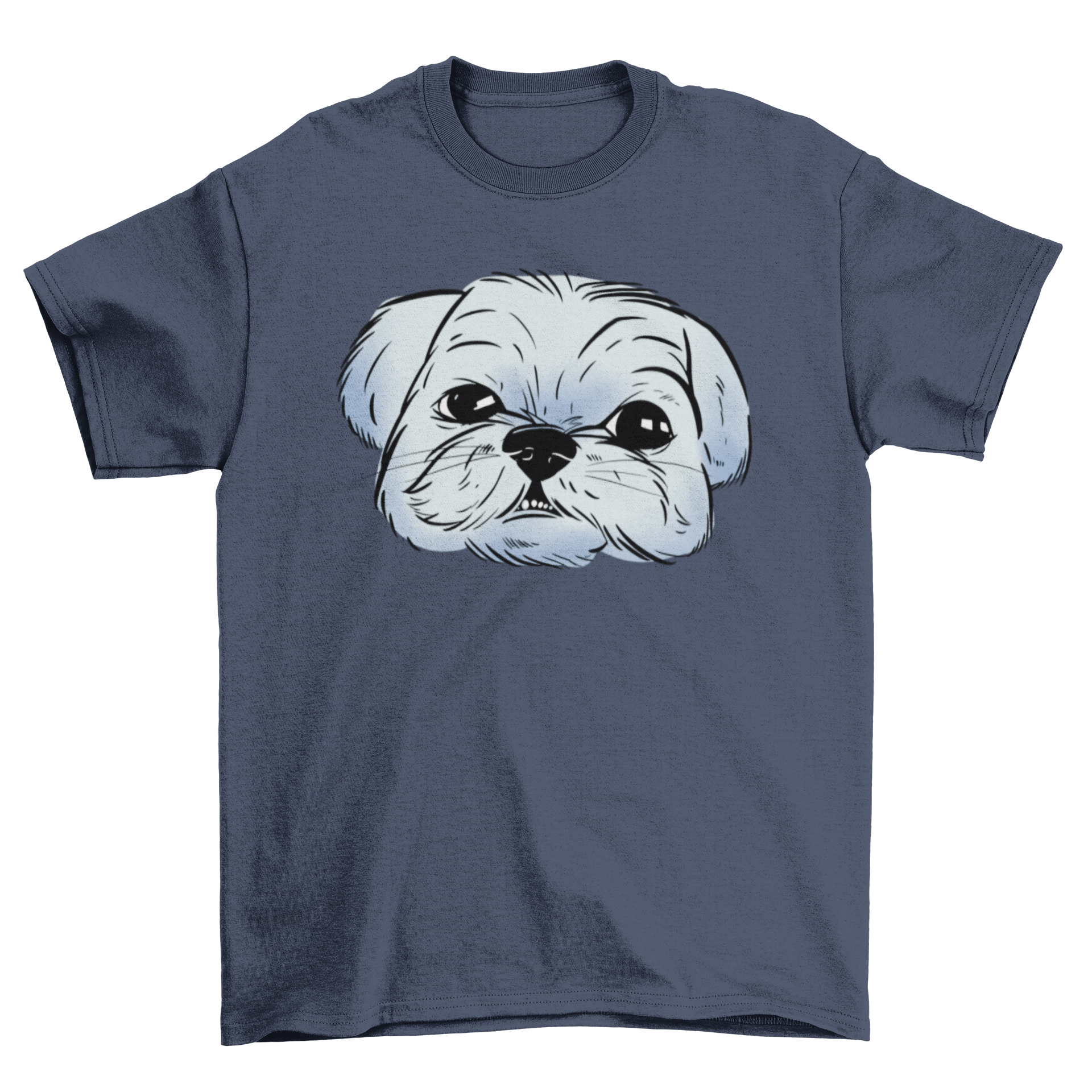 A stylish t-shirt featuring a Shih Tzu dog portrait in vibrant blue tones, perfect for dog lovers.