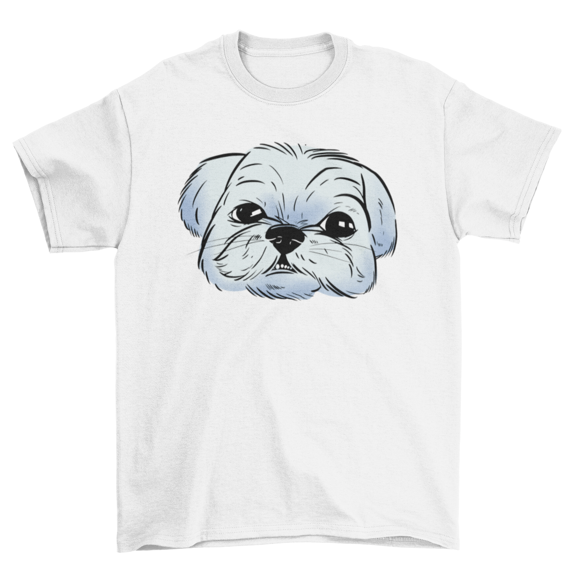 A stylish t-shirt featuring a Shih Tzu dog portrait in vibrant blue tones, perfect for dog lovers.