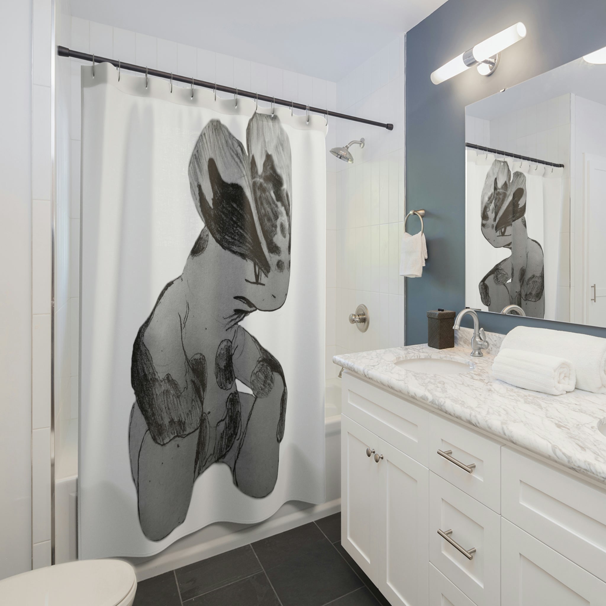 Shimeru Shower Curtain featuring vibrant custom designs made from durable polyester, perfect for enhancing bathroom decor.