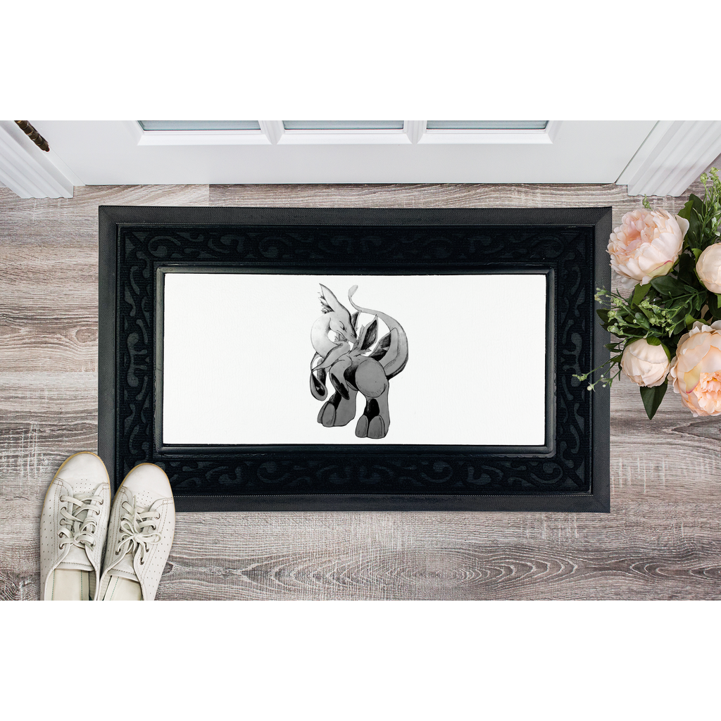 Shimeru Sublimation Heavy Duty Door Mat featuring a removable printable fabric center and a stylish fabric brush border on a non-slip rubber base.