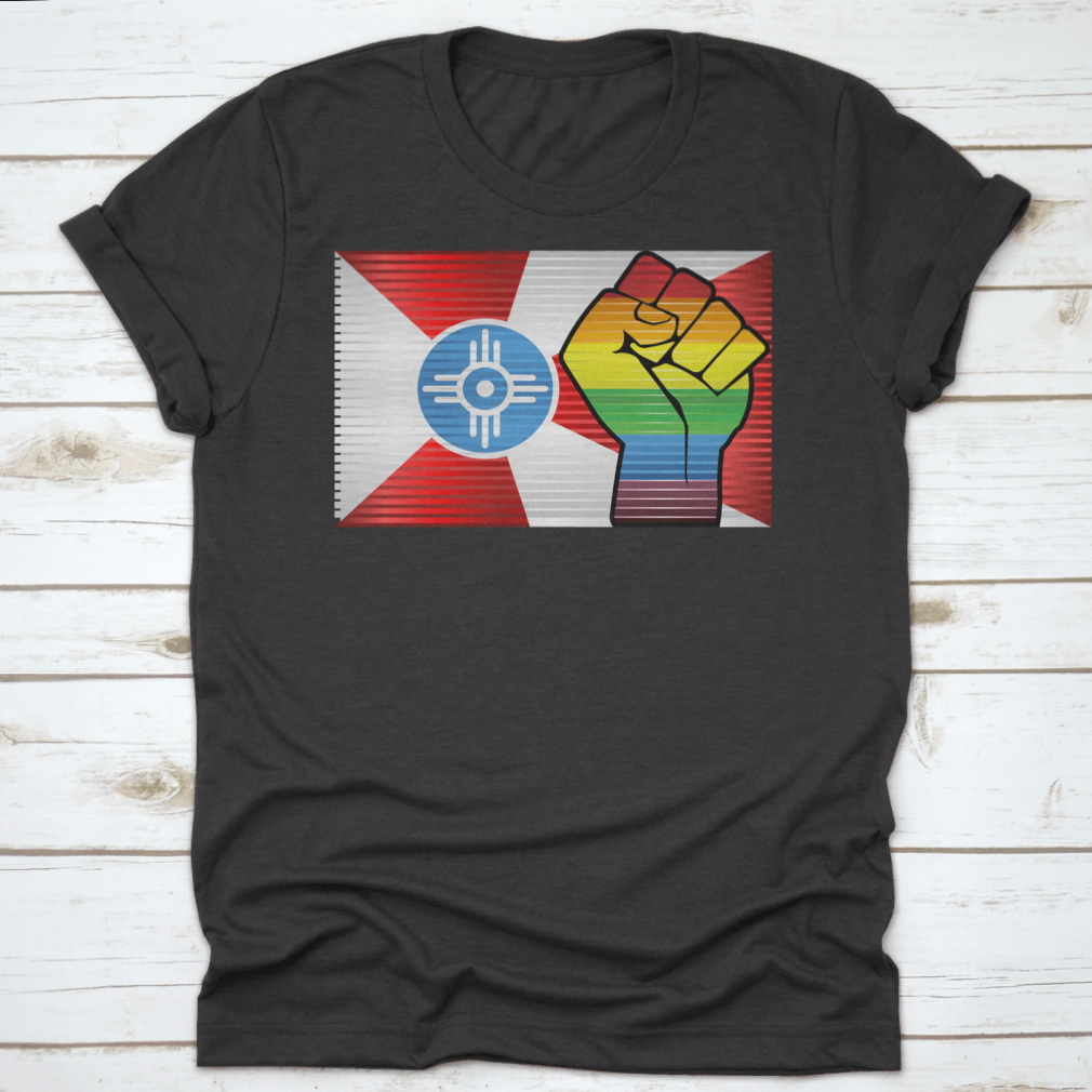 A vibrant Shiny LGBT Protest Fist Shirt featuring a colorful design symbolizing pride and unity, made from soft cotton fabric.