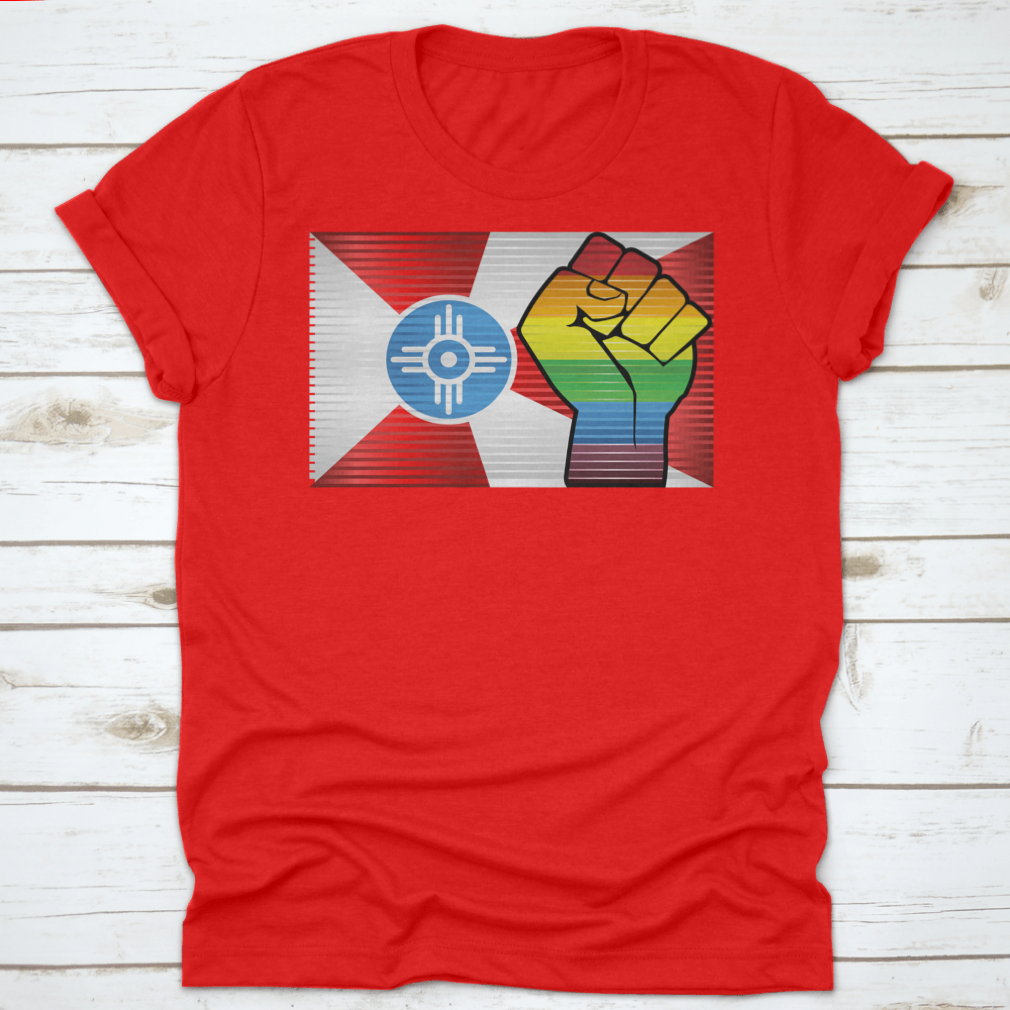 A vibrant Shiny LGBT Protest Fist Shirt featuring a colorful design symbolizing pride and unity, made from soft cotton fabric.