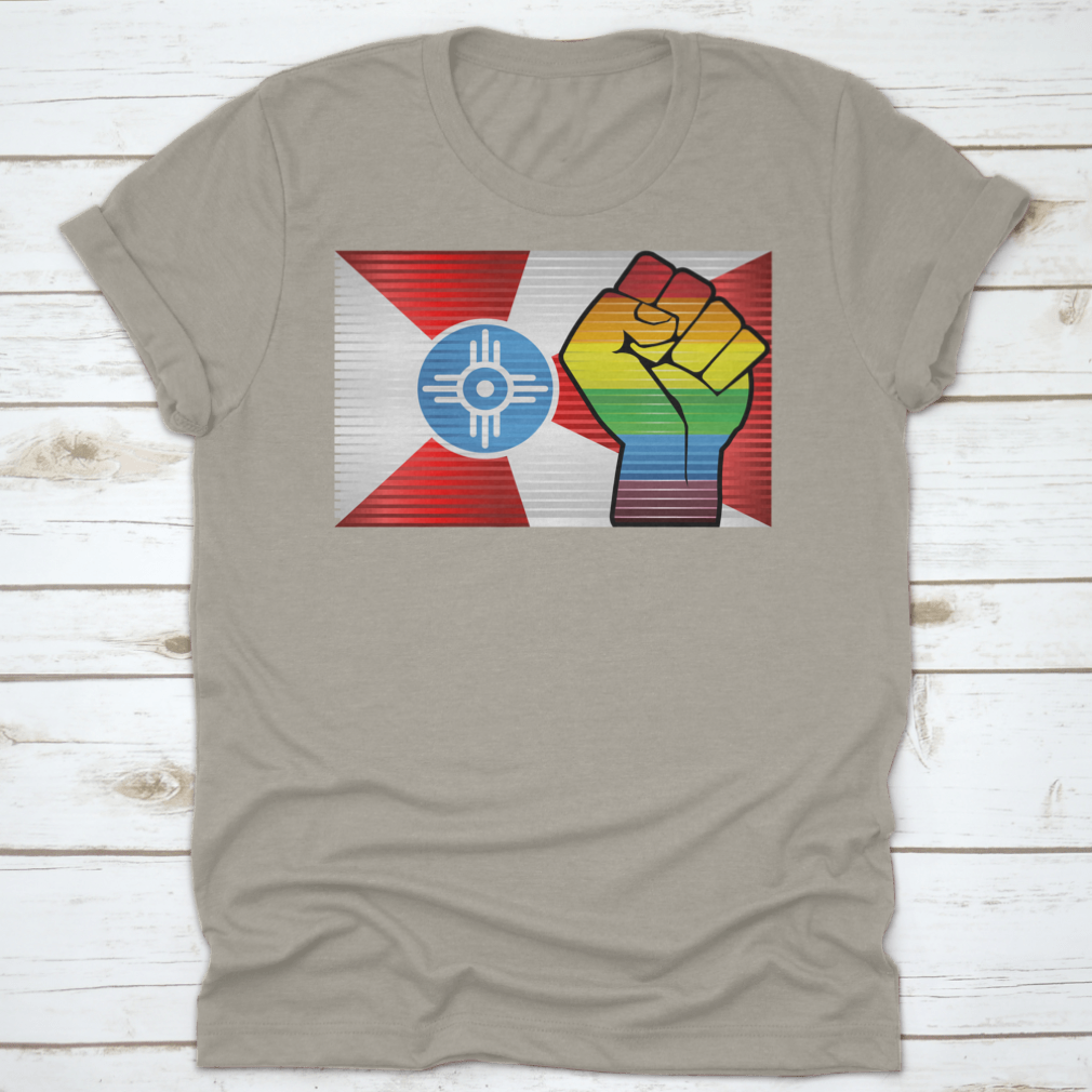A vibrant Shiny LGBT Protest Fist Shirt featuring a colorful design symbolizing pride and unity, made from soft cotton fabric.