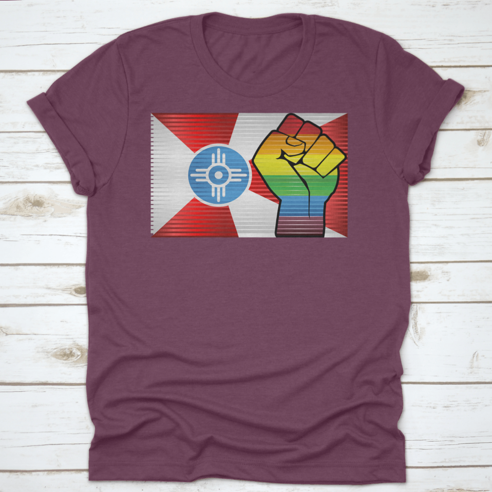 A vibrant Shiny LGBT Protest Fist Shirt featuring a colorful design symbolizing pride and unity, made from soft cotton fabric.