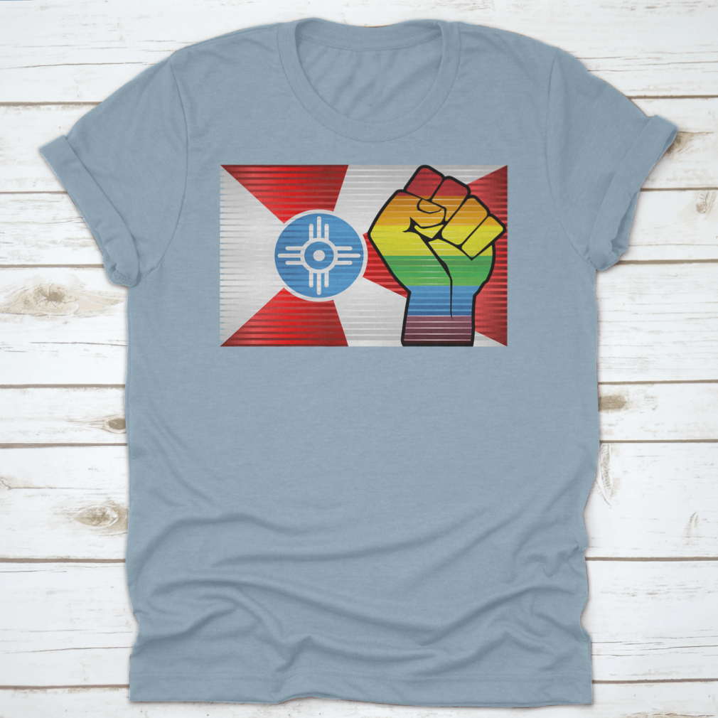 A vibrant Shiny LGBT Protest Fist Shirt featuring a colorful design symbolizing pride and unity, made from soft cotton fabric.