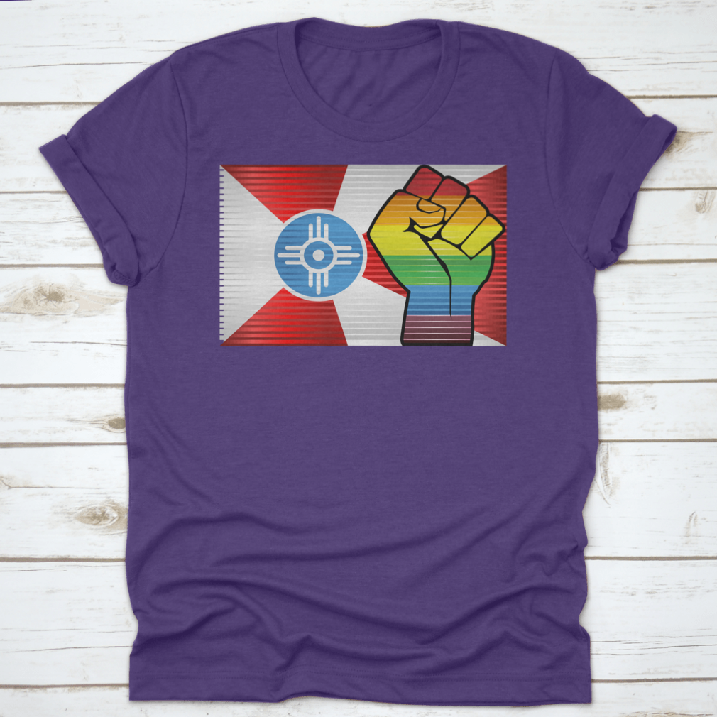 A vibrant Shiny LGBT Protest Fist Shirt featuring a colorful design symbolizing pride and unity, made from soft cotton fabric.