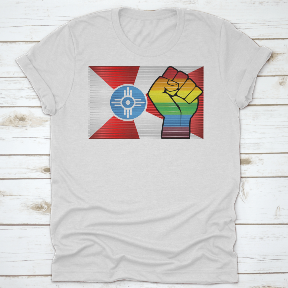 A vibrant Shiny LGBT Protest Fist Shirt featuring a colorful design symbolizing pride and unity, made from soft cotton fabric.
