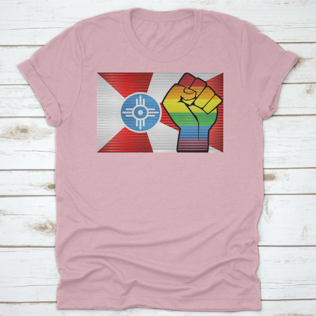A vibrant Shiny LGBT Protest Fist Shirt featuring a colorful design symbolizing pride and unity, made from soft cotton fabric.