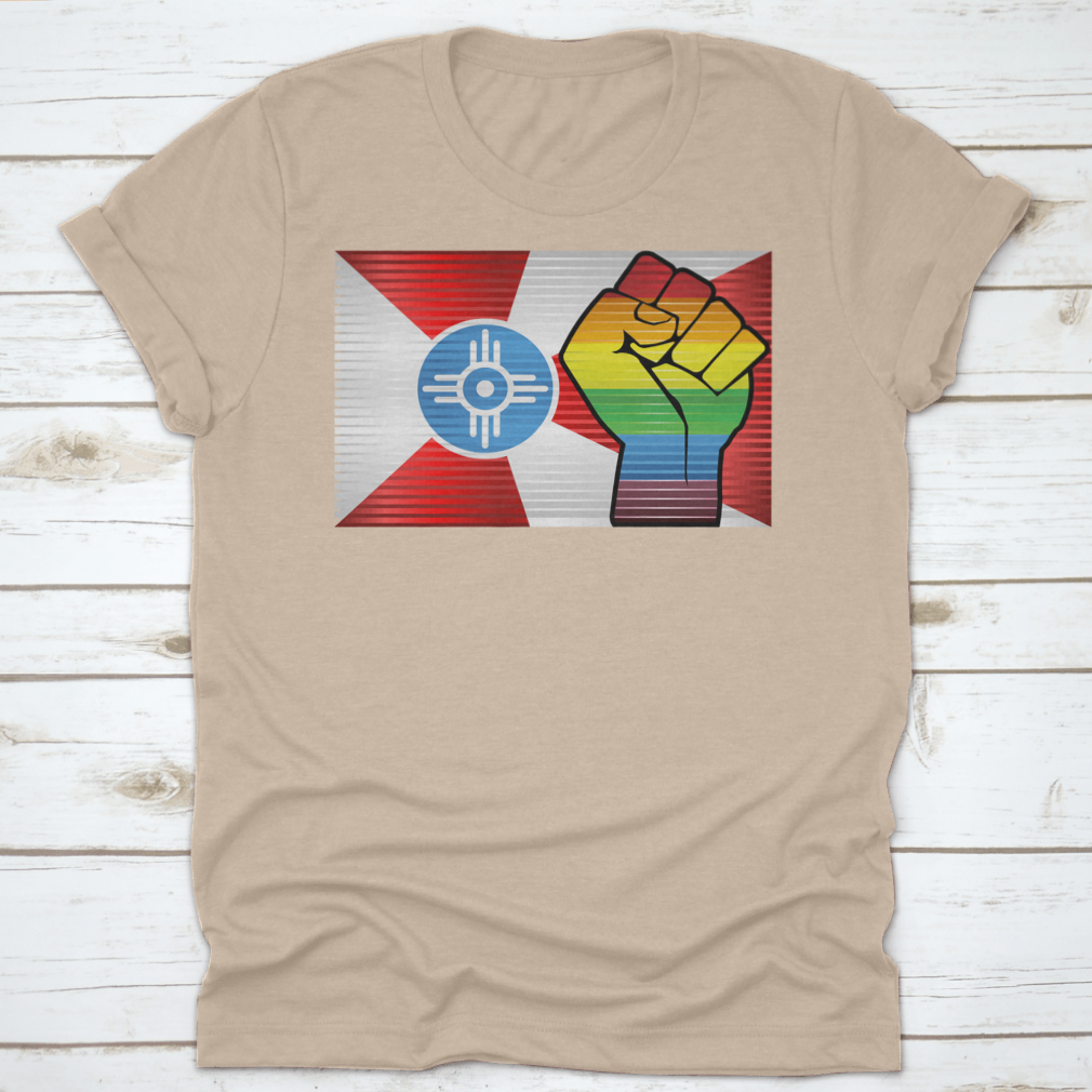 A vibrant Shiny LGBT Protest Fist Shirt featuring a colorful design symbolizing pride and unity, made from soft cotton fabric.