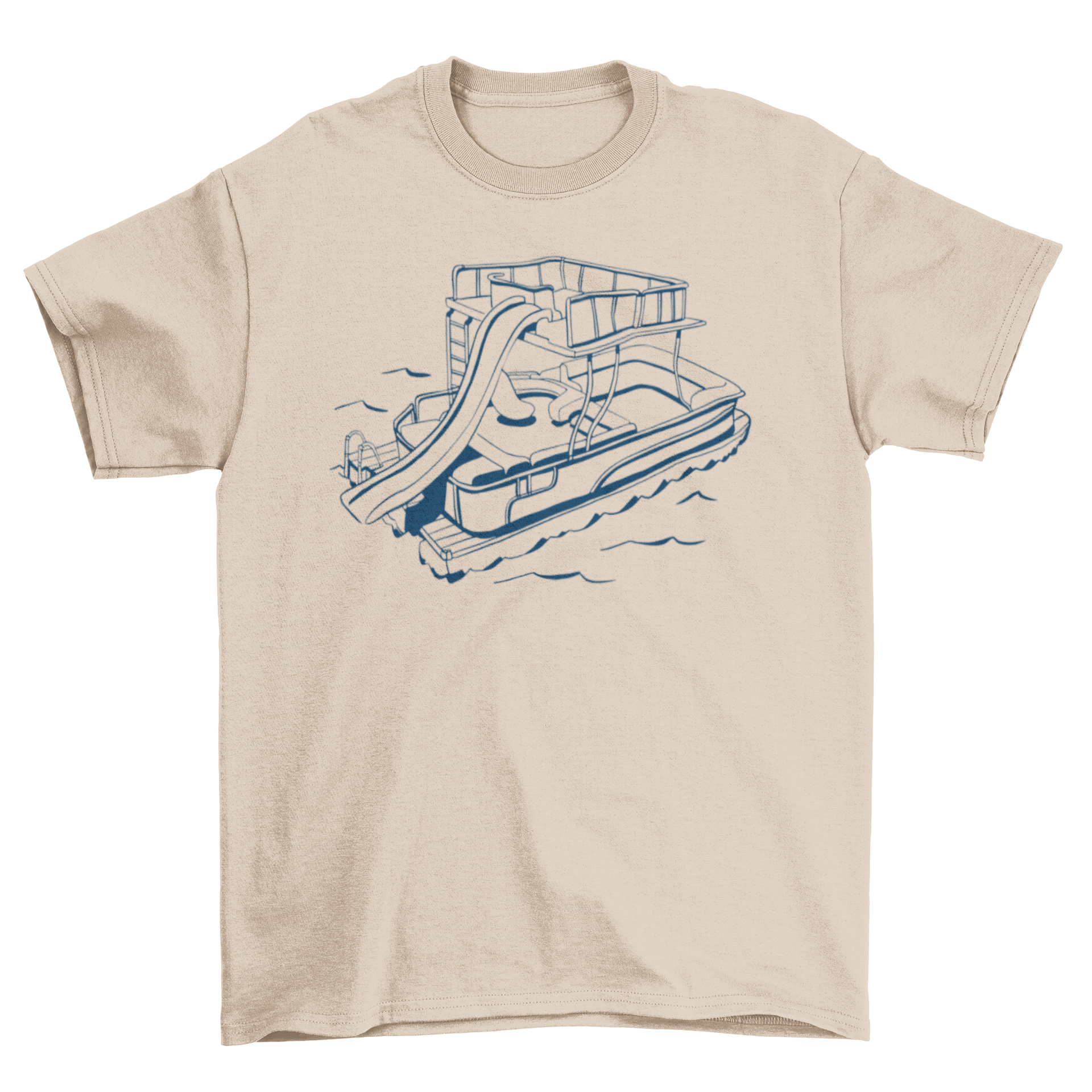 A vibrant t-shirt featuring a colorful boat with a water slide, perfect for summer fun.