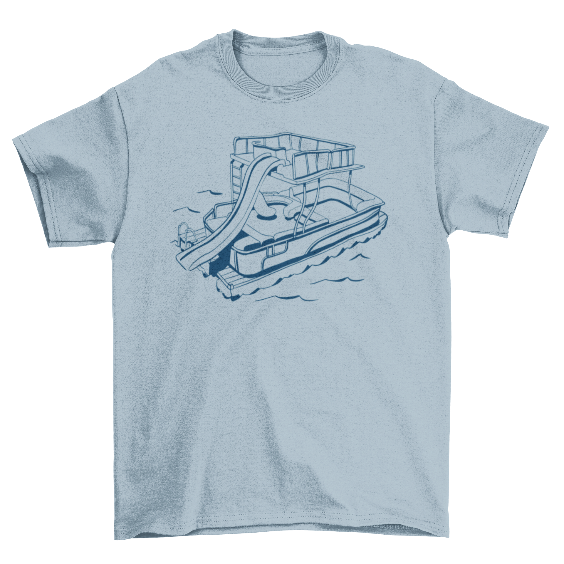 A vibrant t-shirt featuring a colorful boat with a water slide, perfect for summer fun.
