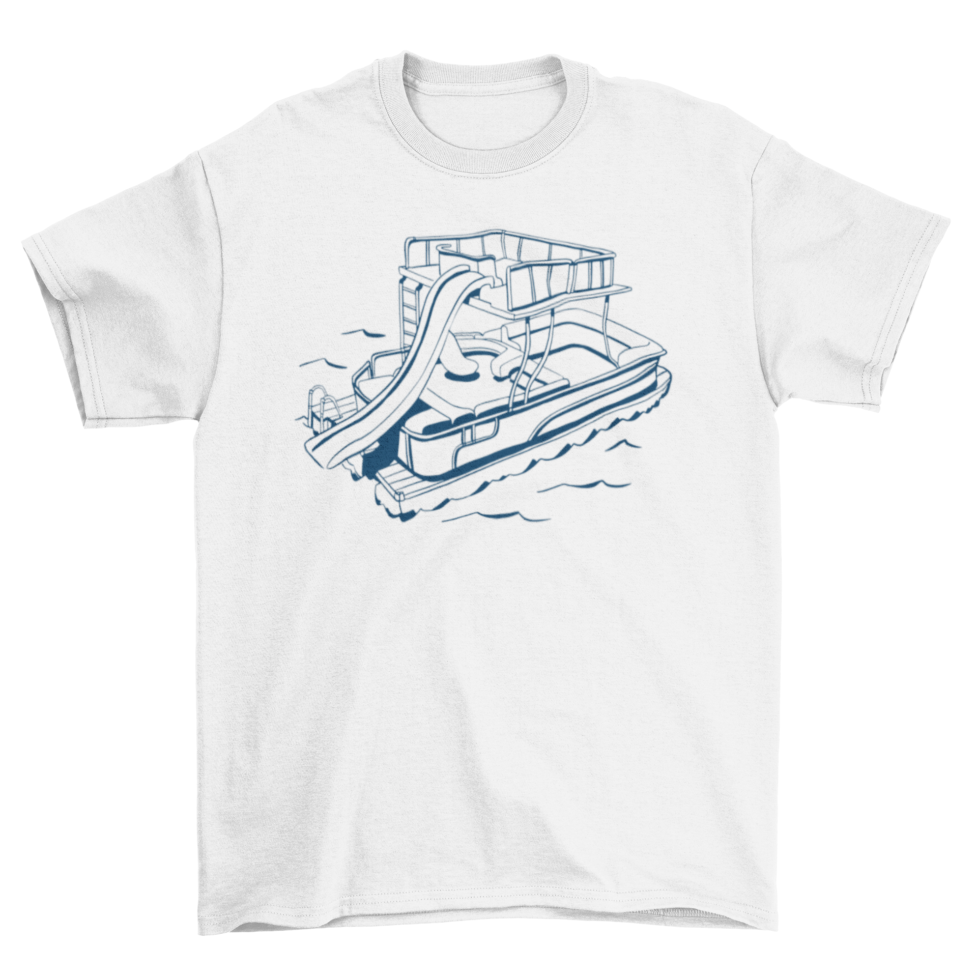 A vibrant t-shirt featuring a colorful boat with a water slide, perfect for summer fun.
