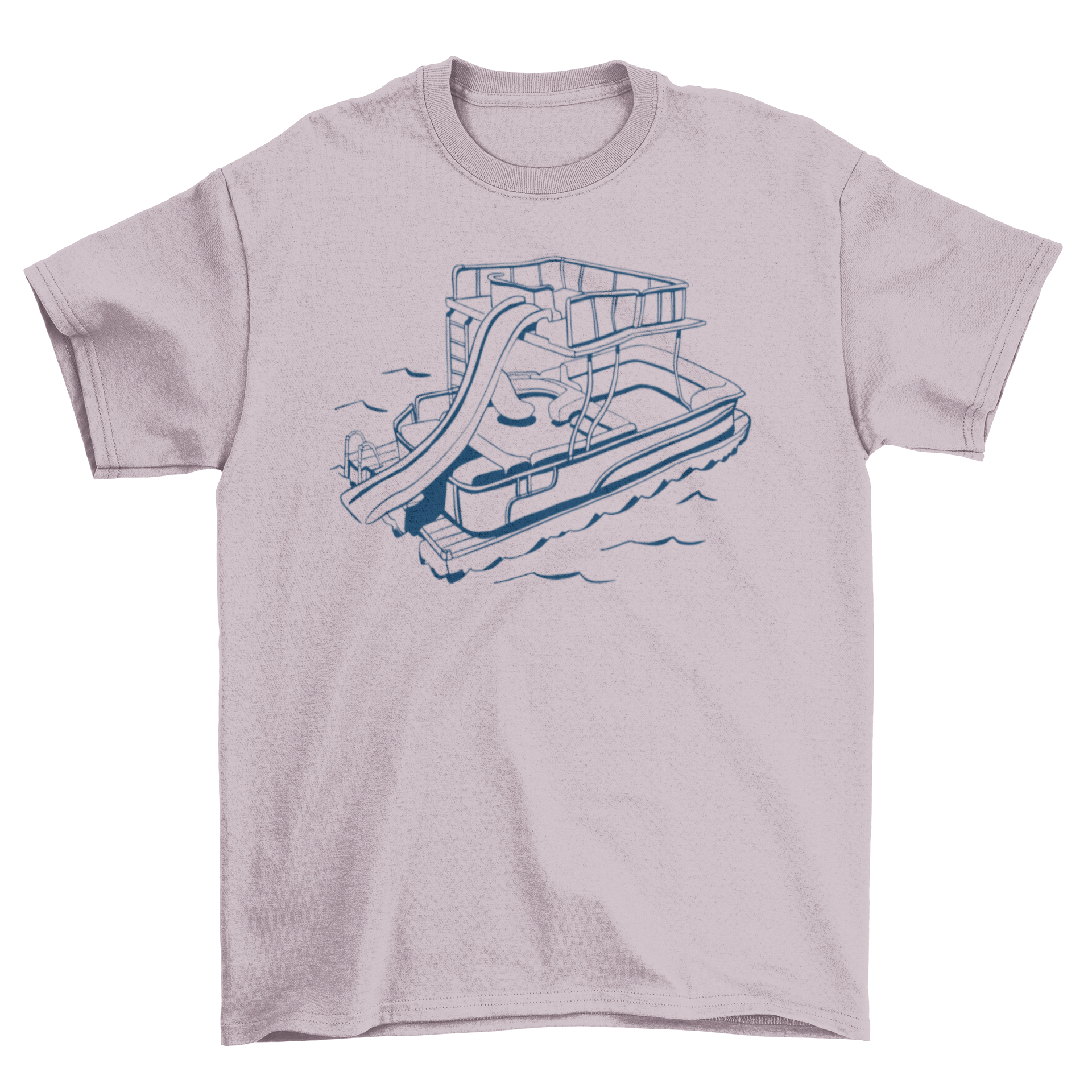A vibrant t-shirt featuring a colorful boat with a water slide, perfect for summer fun.