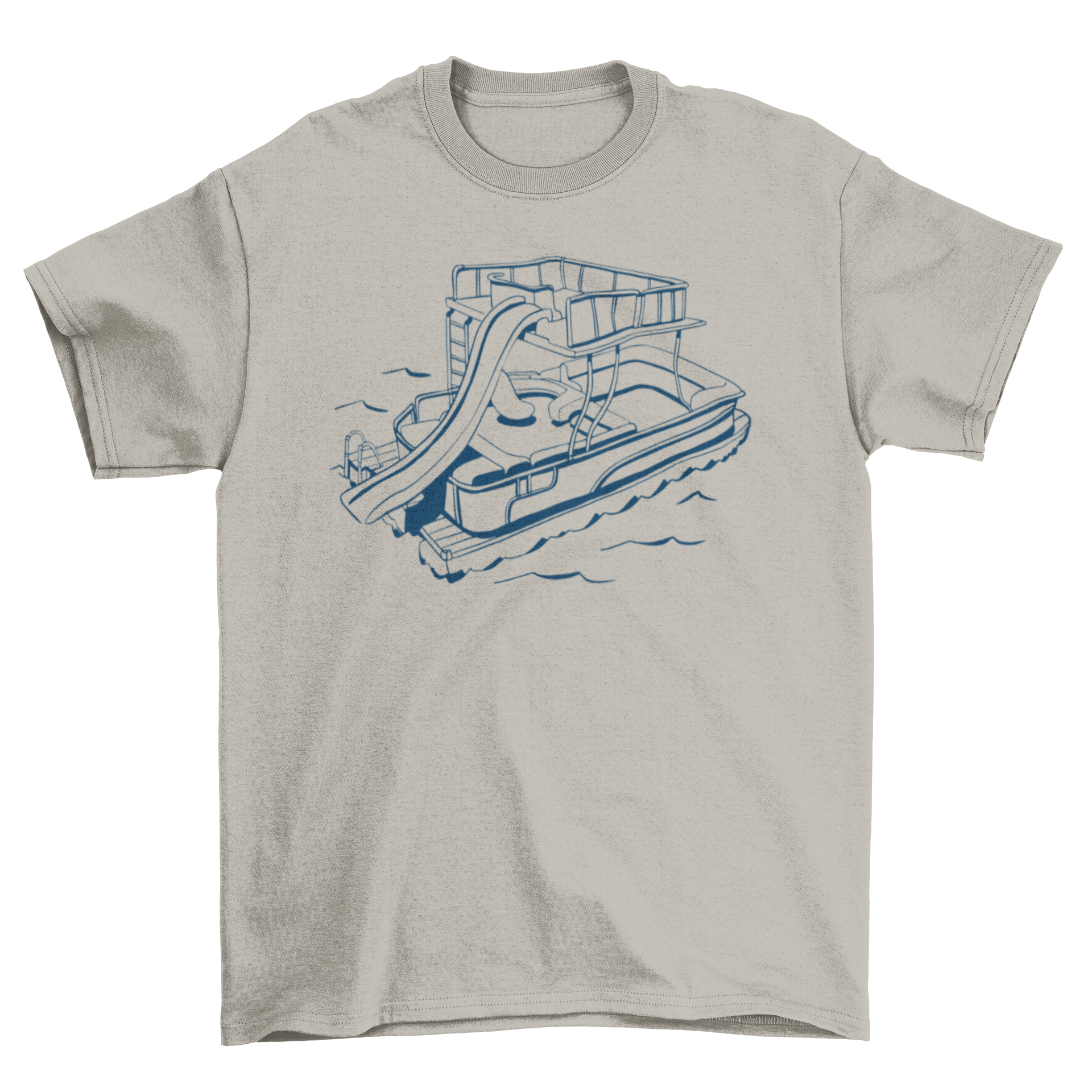 A vibrant t-shirt featuring a colorful boat with a water slide, perfect for summer fun.