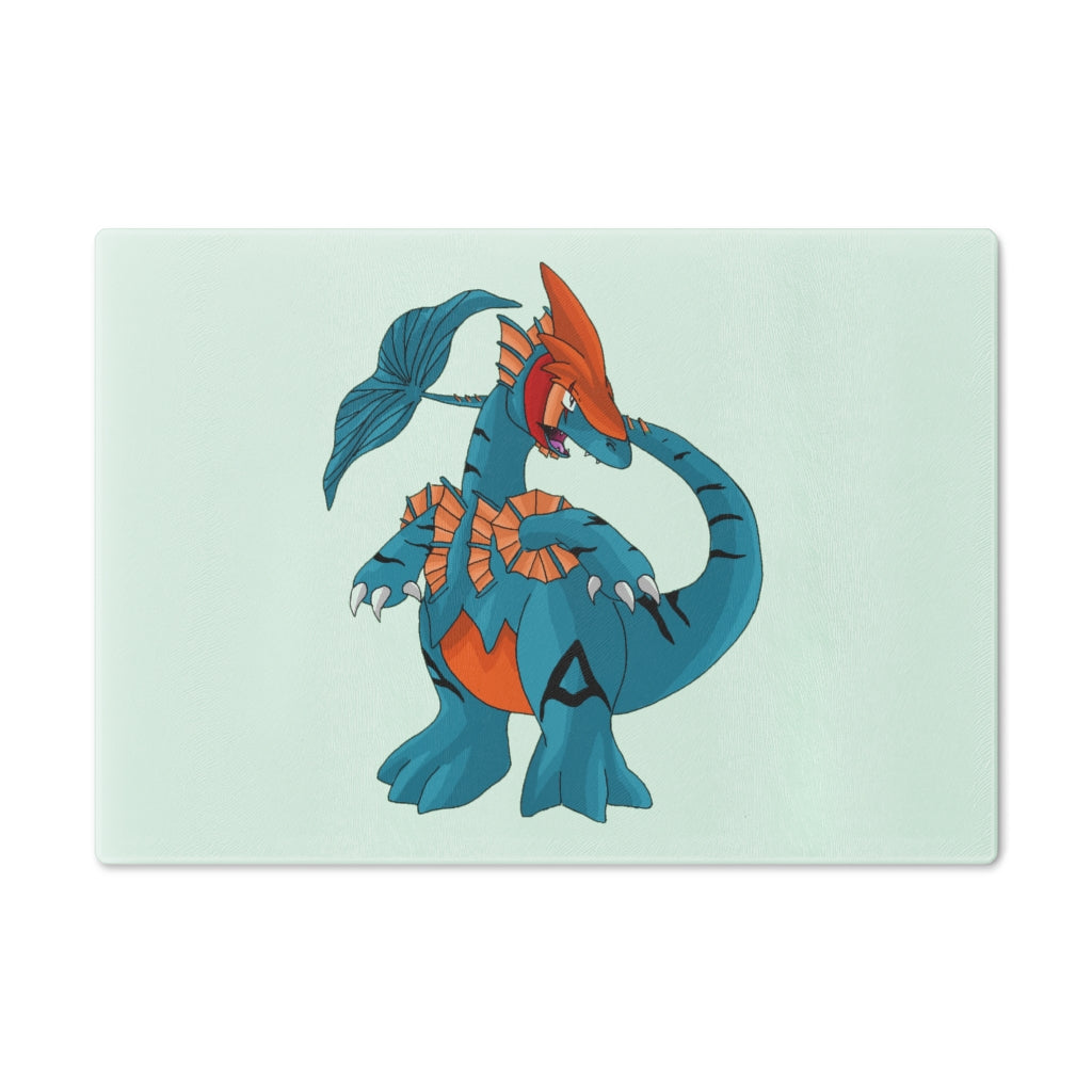 Shirei Cutting Board made of tempered glass with rubber dots for stability, showcasing a personalized design.