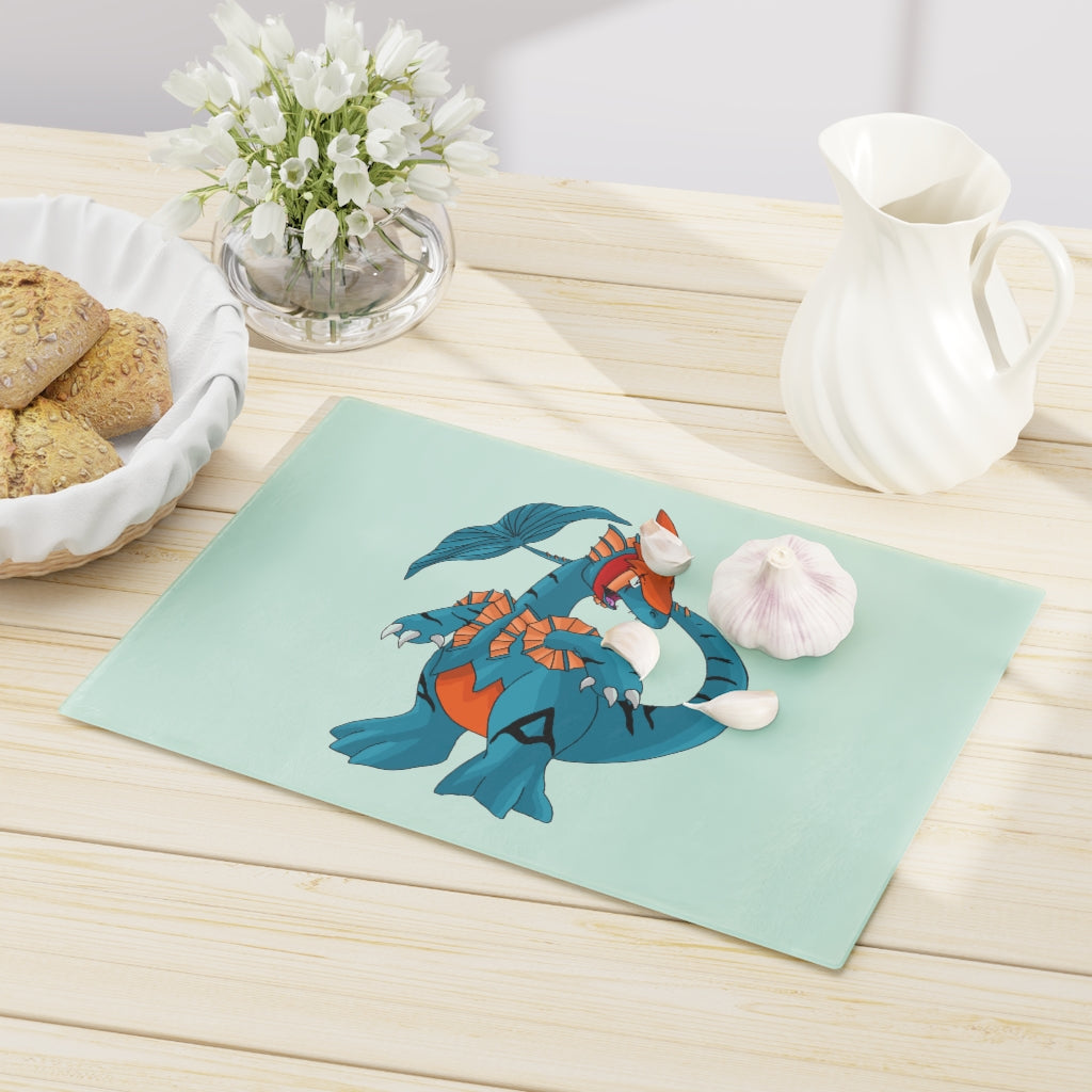 Shirei Cutting Board made of tempered glass with rubber dots for stability, showcasing a personalized design.