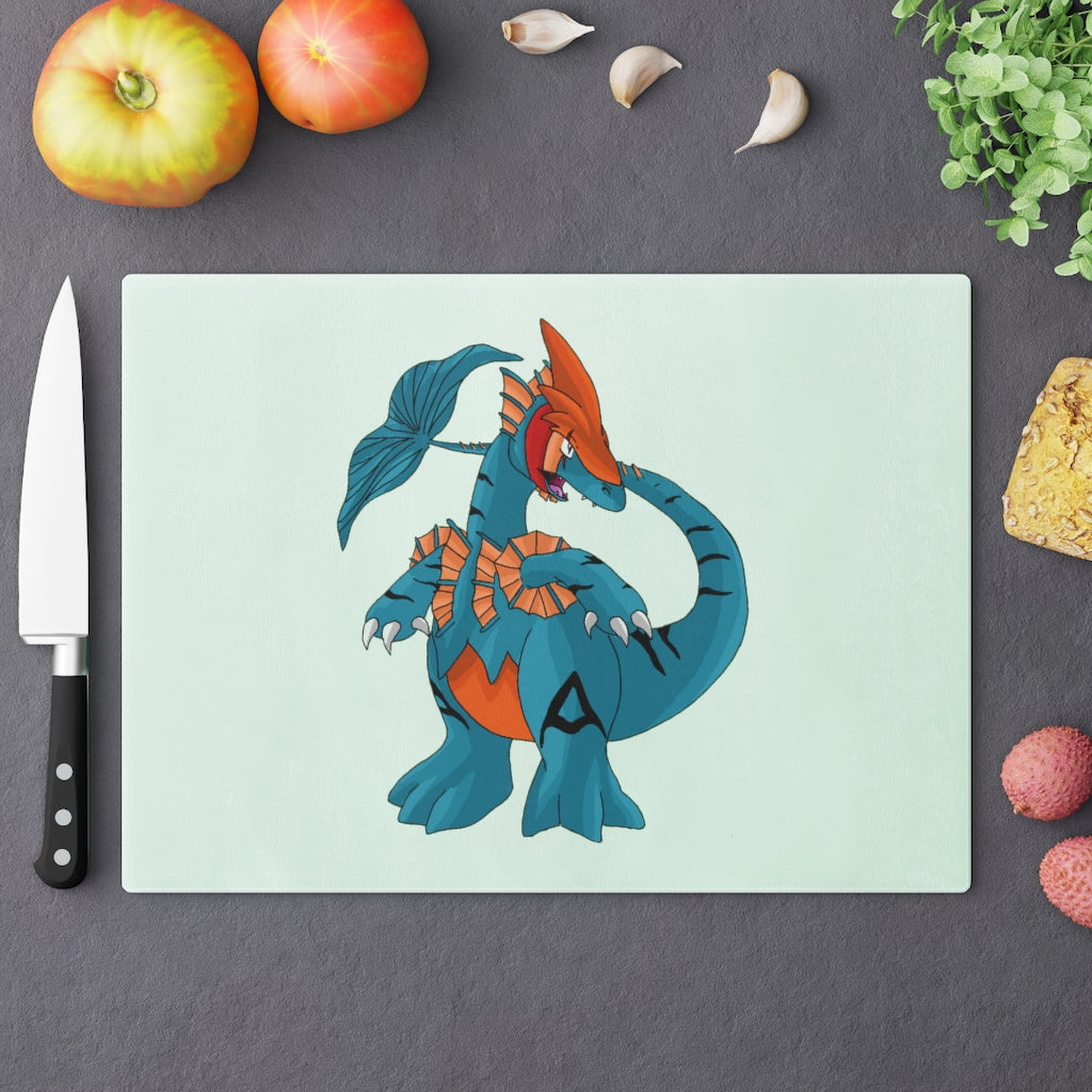 Shirei Cutting Board made of tempered glass with rubber dots for stability, showcasing a personalized design.