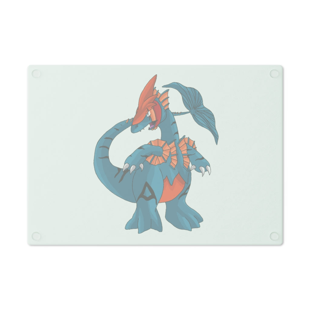 Shirei Cutting Board made of tempered glass with rubber dots for stability, showcasing a personalized design.