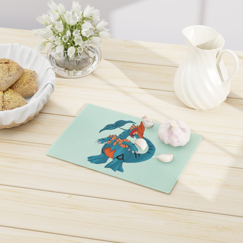 Shirei Cutting Board made of tempered glass with rubber dots for stability, showcasing a personalized design.