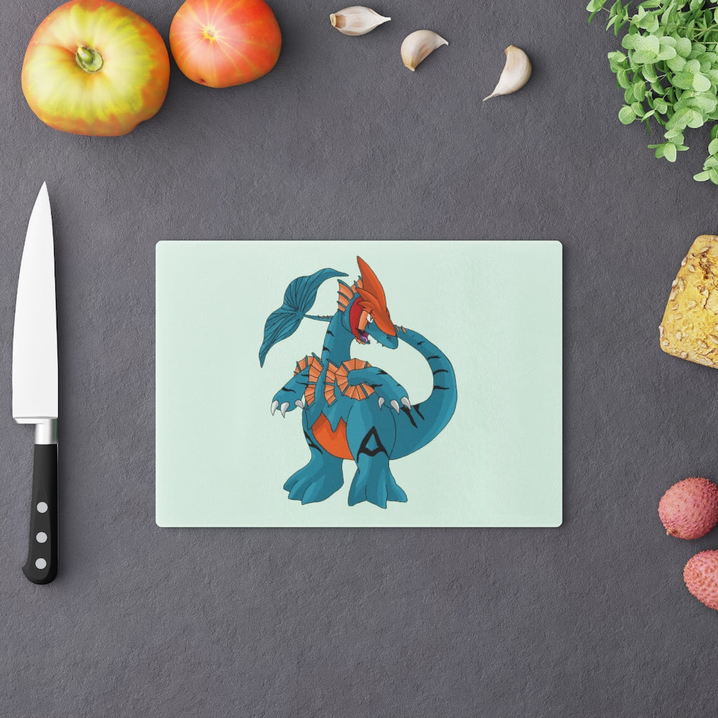 Shirei Cutting Board made of tempered glass with rubber dots for stability, showcasing a personalized design.