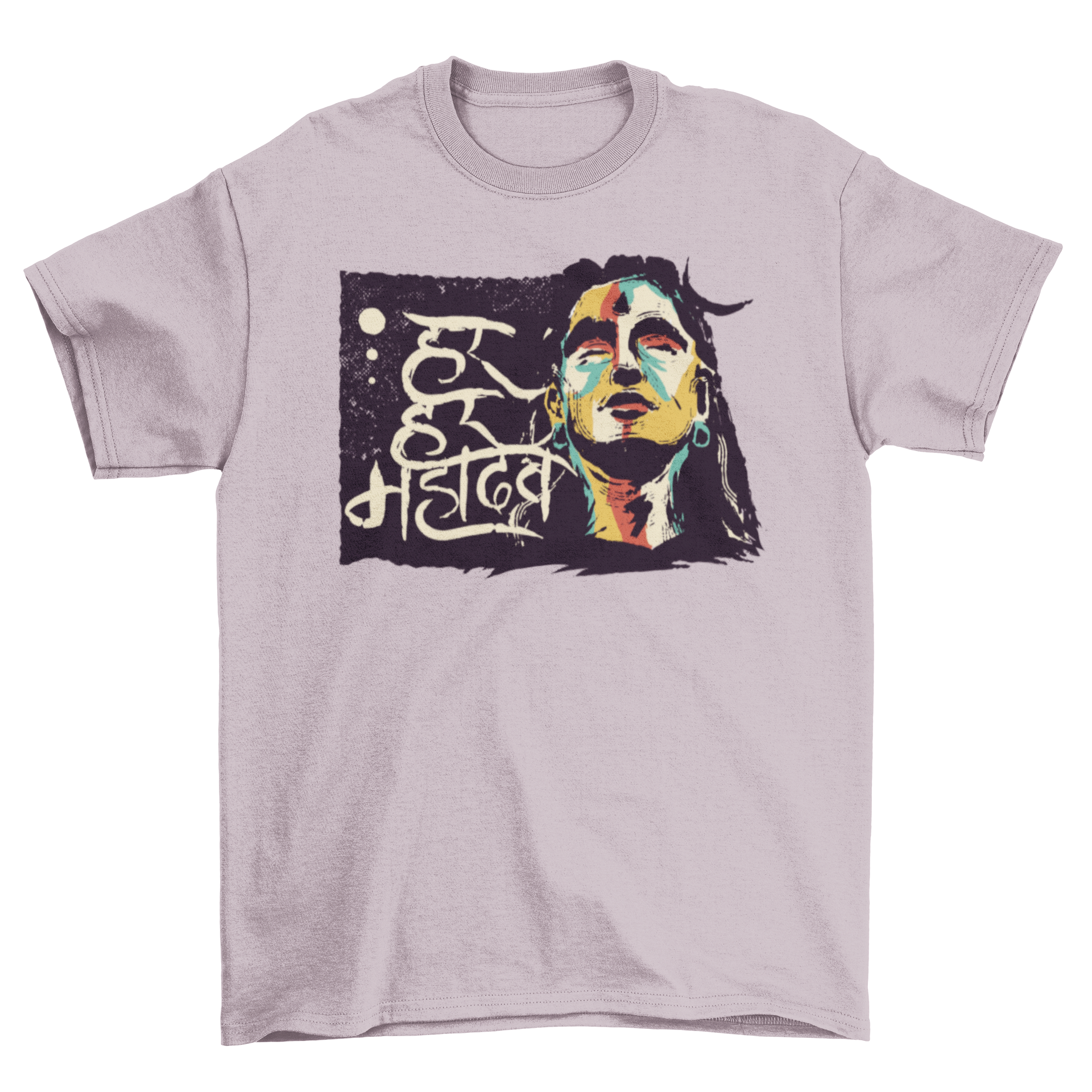 A stylish t-shirt featuring an illustration of the Hindu god Shiva with a Hindi quote, symbolizing spirituality and culture.