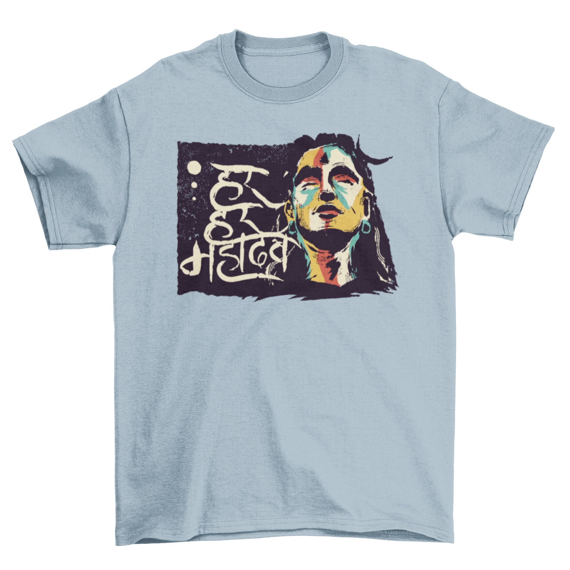 A stylish t-shirt featuring an illustration of the Hindu god Shiva with a Hindi quote, symbolizing spirituality and culture.