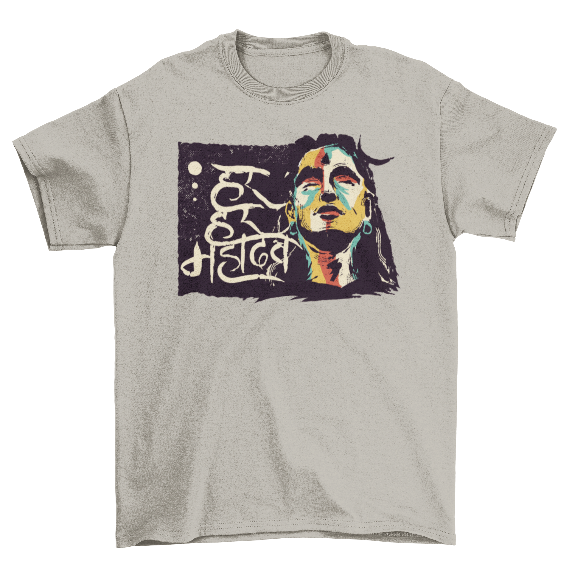 A stylish t-shirt featuring an illustration of the Hindu god Shiva with a Hindi quote, symbolizing spirituality and culture.