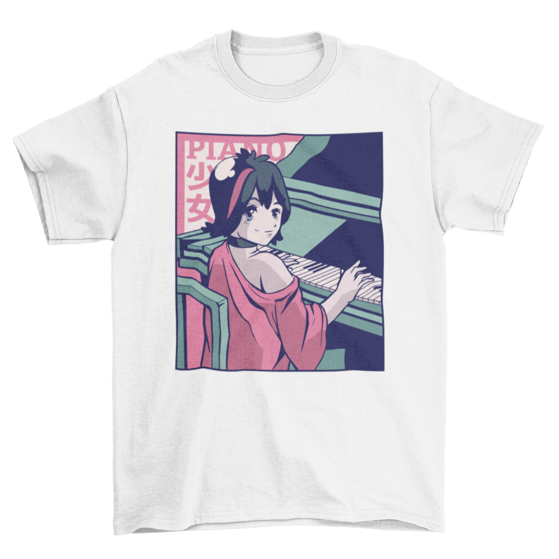 A stylish T-shirt featuring a shojo anime girl playing the piano, showcasing vibrant colors and intricate design.