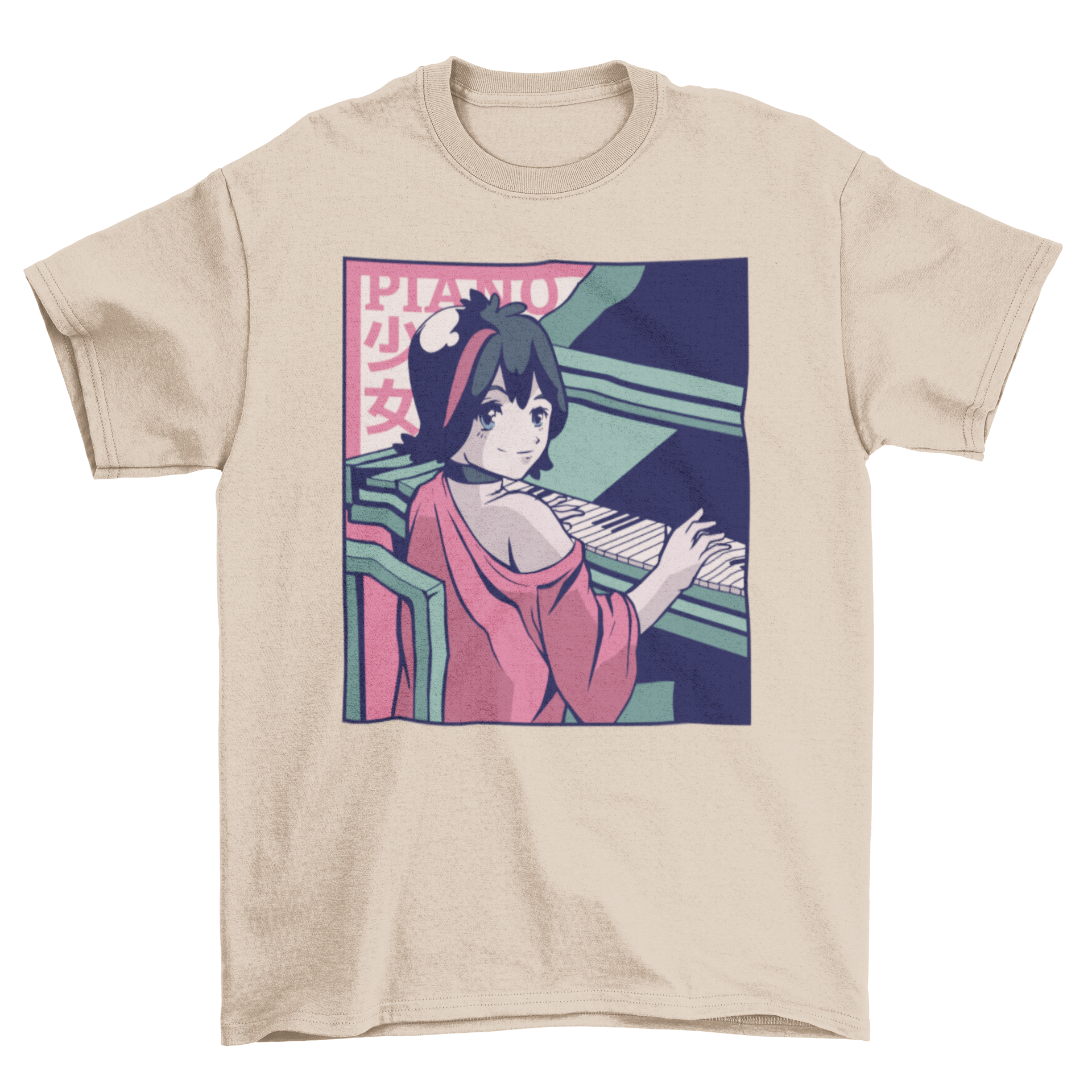 A stylish T-shirt featuring a shojo anime girl playing the piano, showcasing vibrant colors and intricate design.
