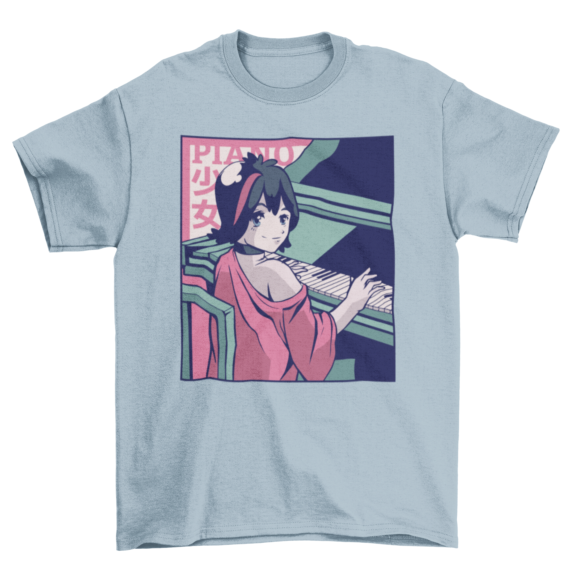 A stylish T-shirt featuring a shojo anime girl playing the piano, showcasing vibrant colors and intricate design.
