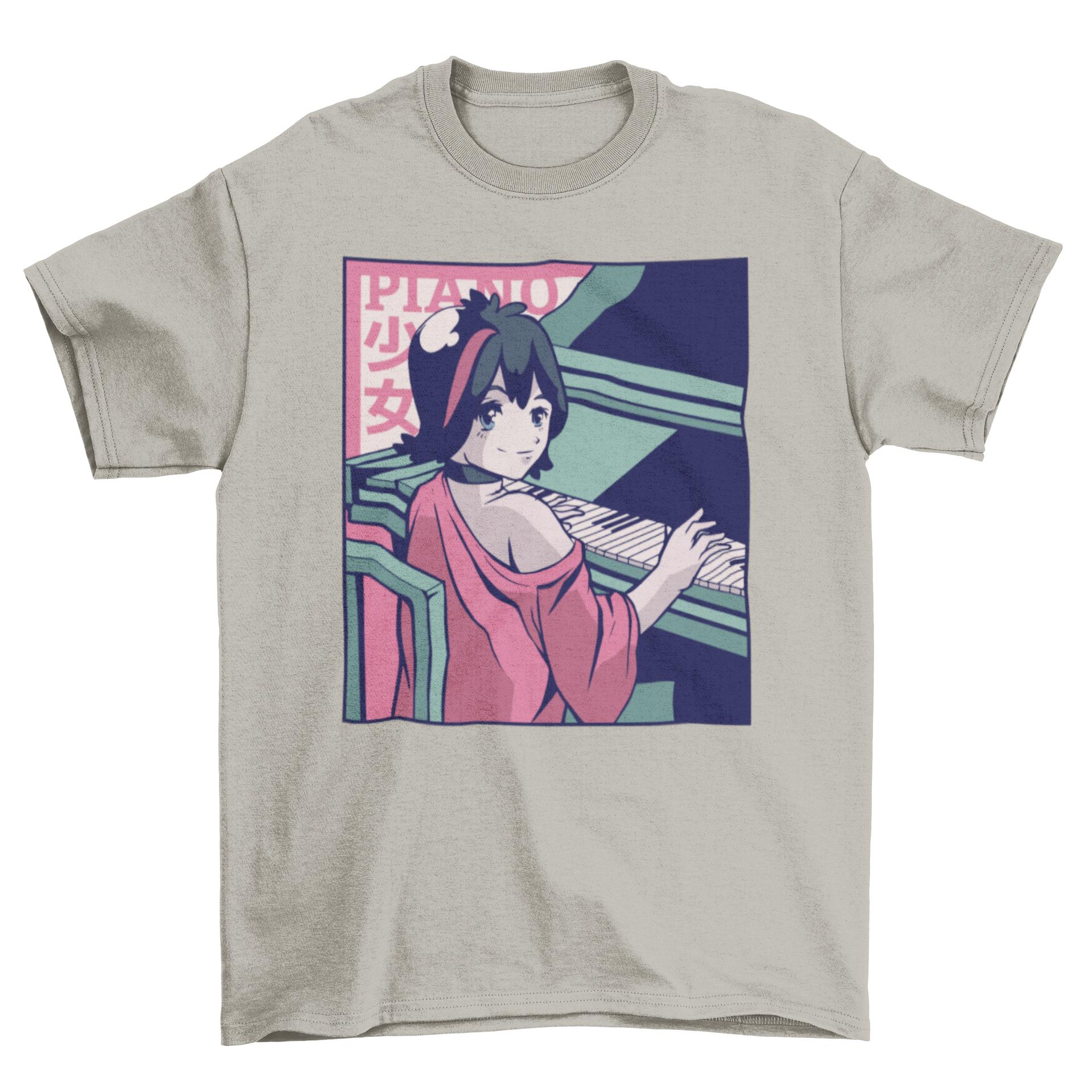 A stylish T-shirt featuring a shojo anime girl playing the piano, showcasing vibrant colors and intricate design.
