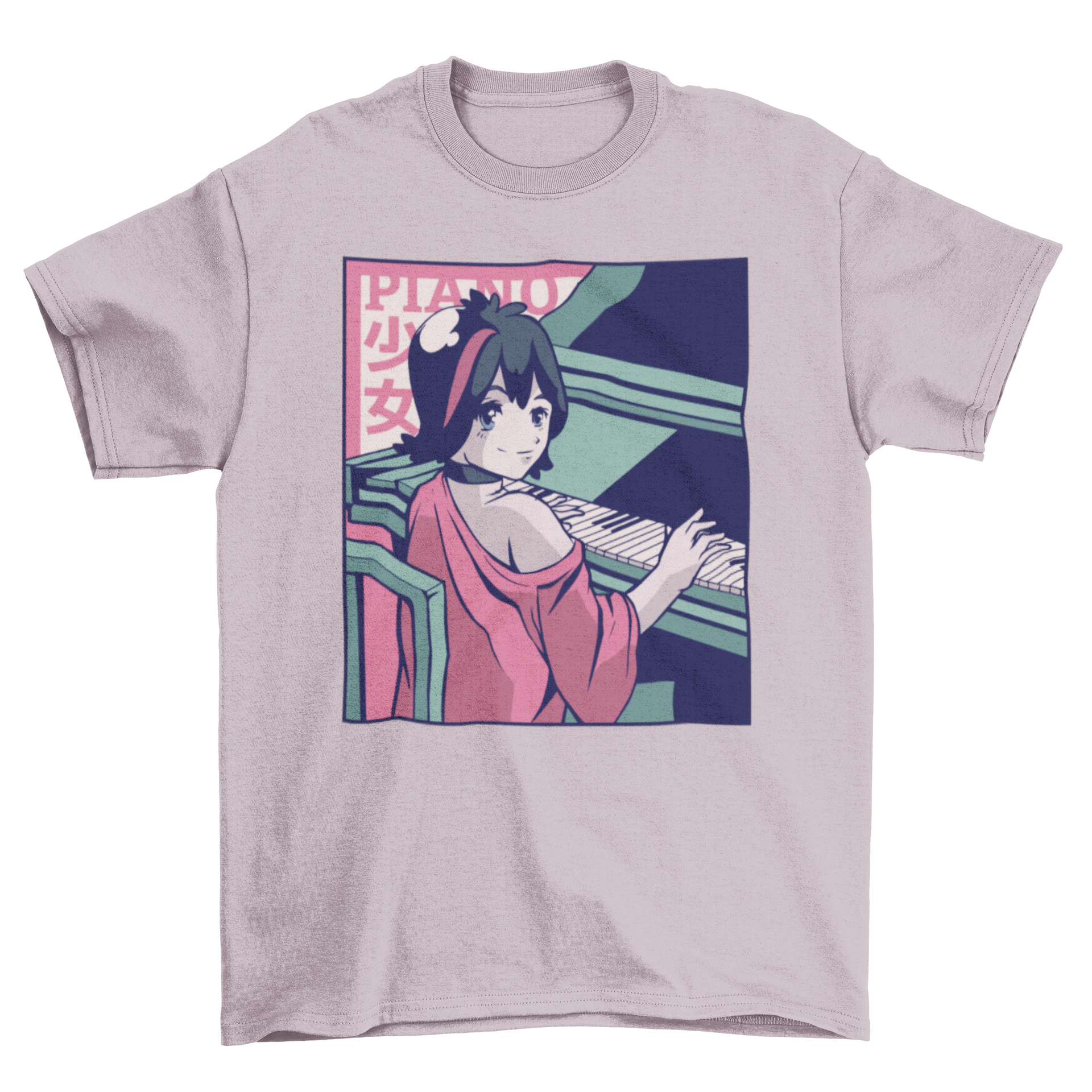 A stylish T-shirt featuring a shojo anime girl playing the piano, showcasing vibrant colors and intricate design.