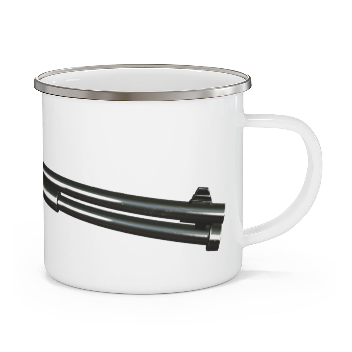 A stylish Shot Gun Ca enamel mug with a C-handle, showcasing a personalized design, perfect for outdoor adventures.