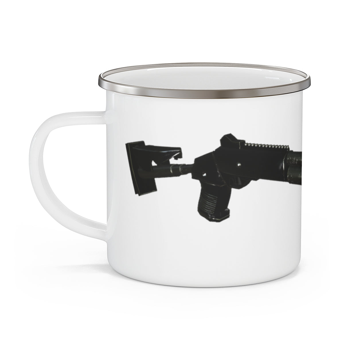 A stylish Shot Gun Ca enamel mug with a C-handle, showcasing a personalized design, perfect for outdoor adventures.