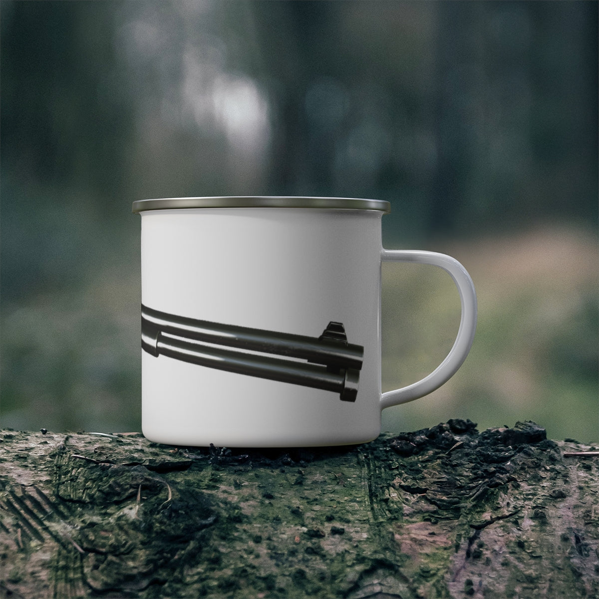 A stylish Shot Gun Ca enamel mug with a C-handle, showcasing a personalized design, perfect for outdoor adventures.