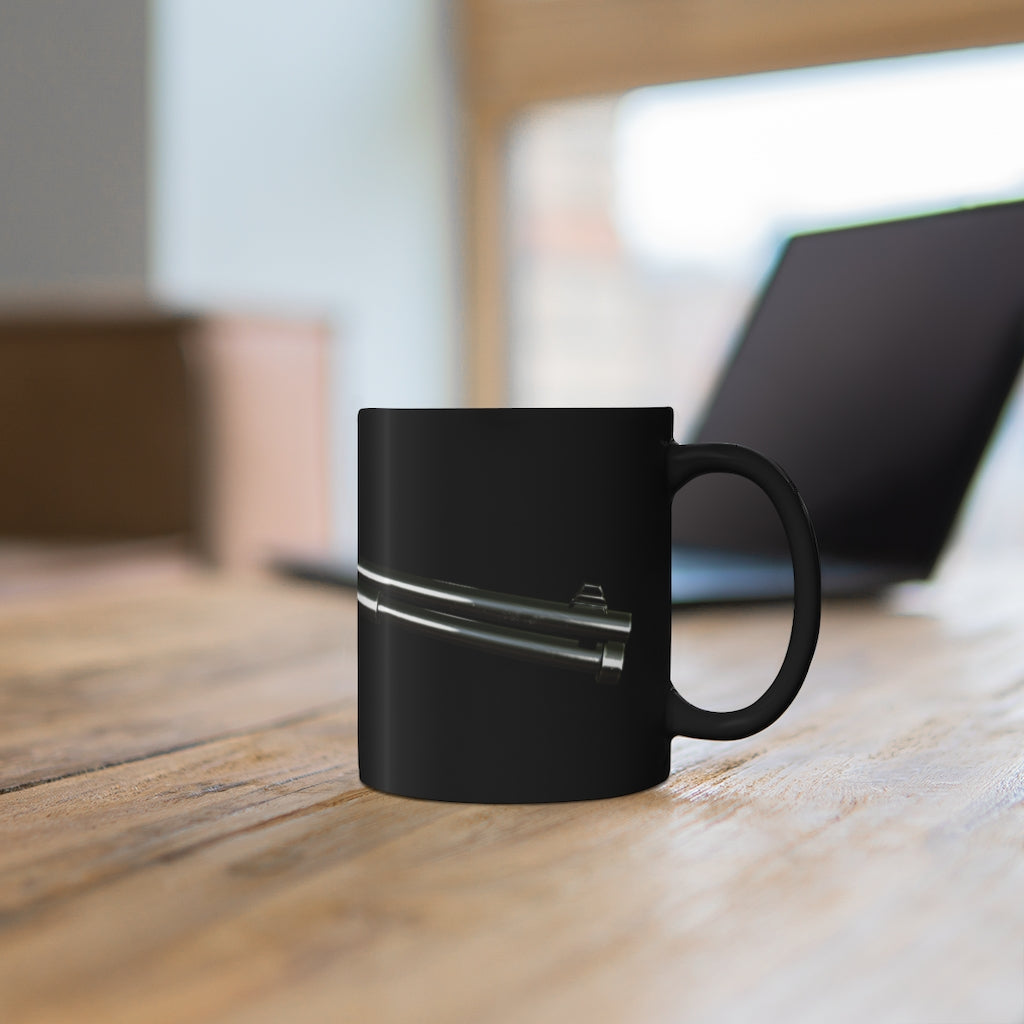 Shotgun Black mug 11oz, featuring a sleek black ceramic design with rounded corners and a comfortable C-handle.