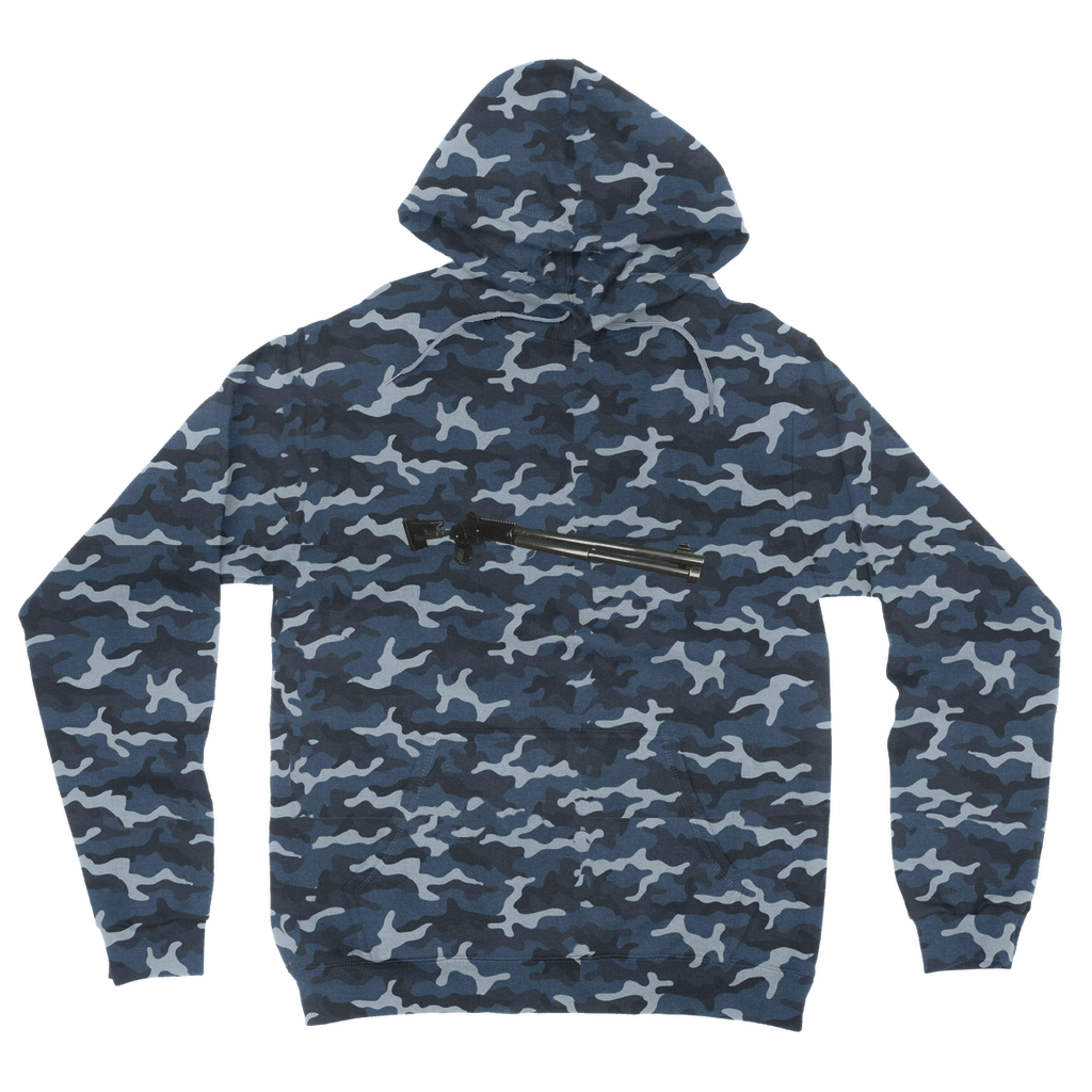 Shotgun Camouflage Adult Hoodie featuring an all-over camo design, kangaroo pouch pocket, and double fabric hood.