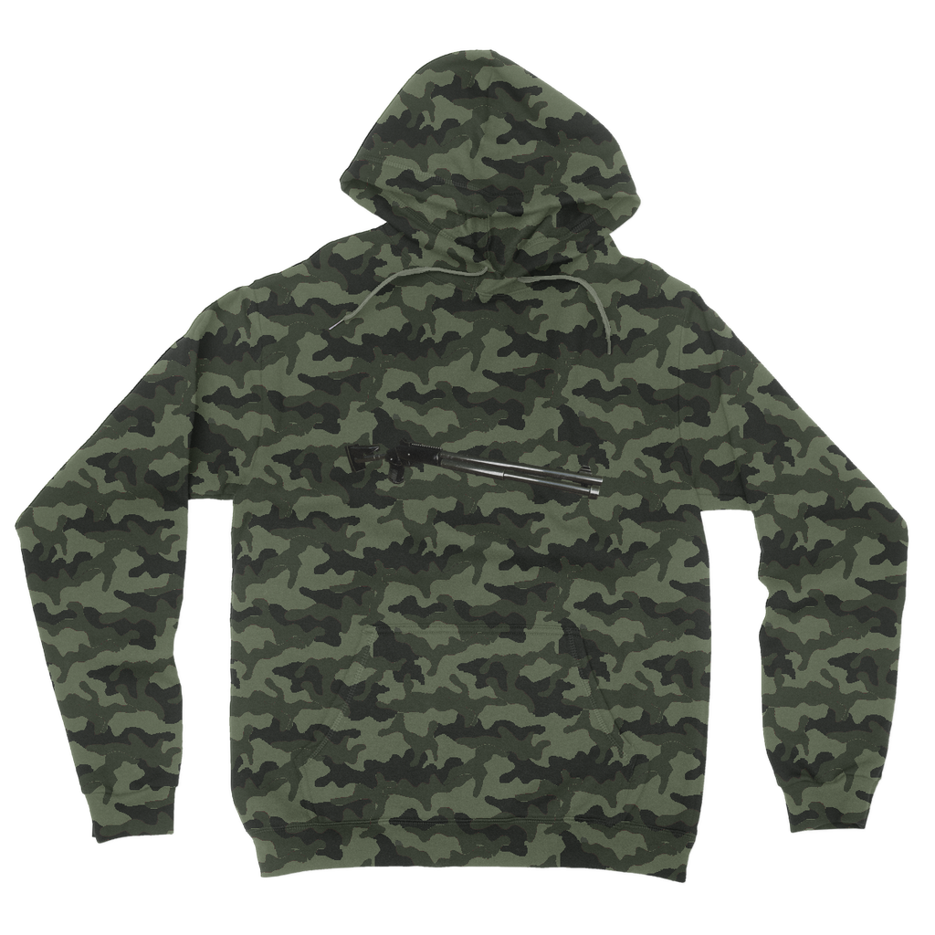 Shotgun Camouflage Adult Hoodie featuring an all-over camo design, kangaroo pouch pocket, and double fabric hood.