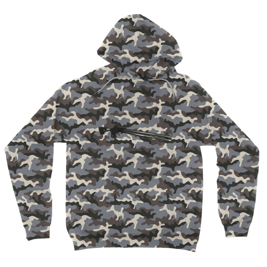 Shotgun Camouflage Adult Hoodie featuring an all-over camo design, kangaroo pouch pocket, and double fabric hood.