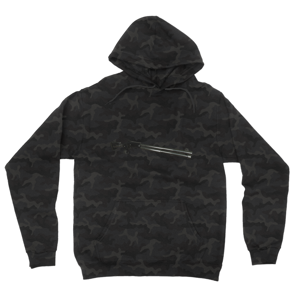 Shotgun Camouflage Adult Hoodie featuring an all-over camo design, kangaroo pouch pocket, and double fabric hood.