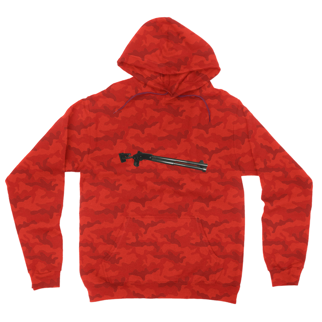 Shotgun Camouflage Adult Hoodie featuring an all-over camo design, kangaroo pouch pocket, and double fabric hood.