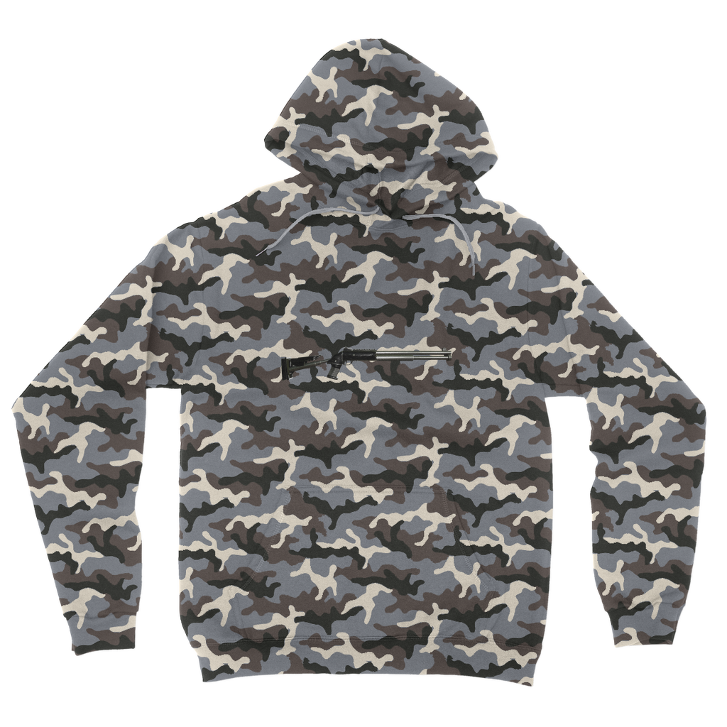 Shotgun Camouflage Adult Hoodie featuring an all-over camo design, double fabric hood, and kangaroo pouch pocket.