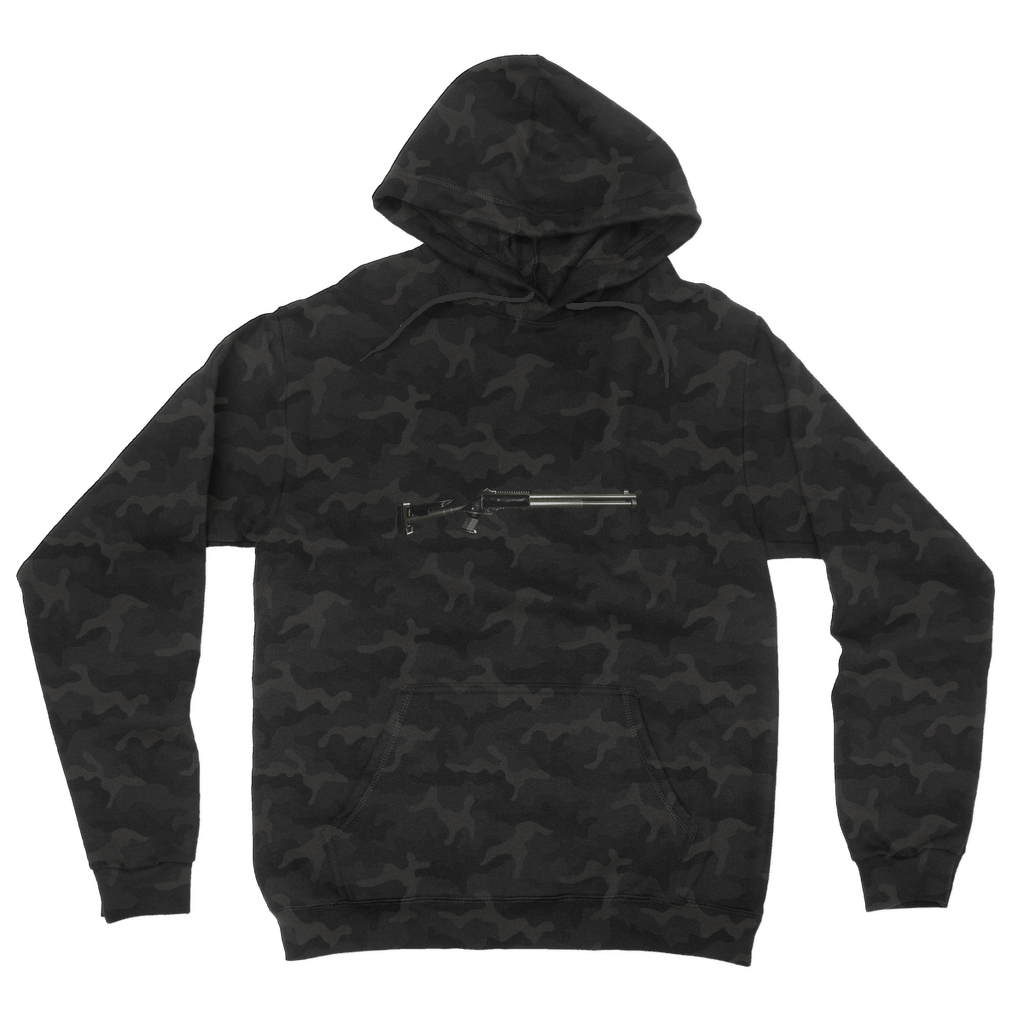 Shotgun Camouflage Adult Hoodie featuring an all-over camo design, double fabric hood, and kangaroo pouch pocket.
