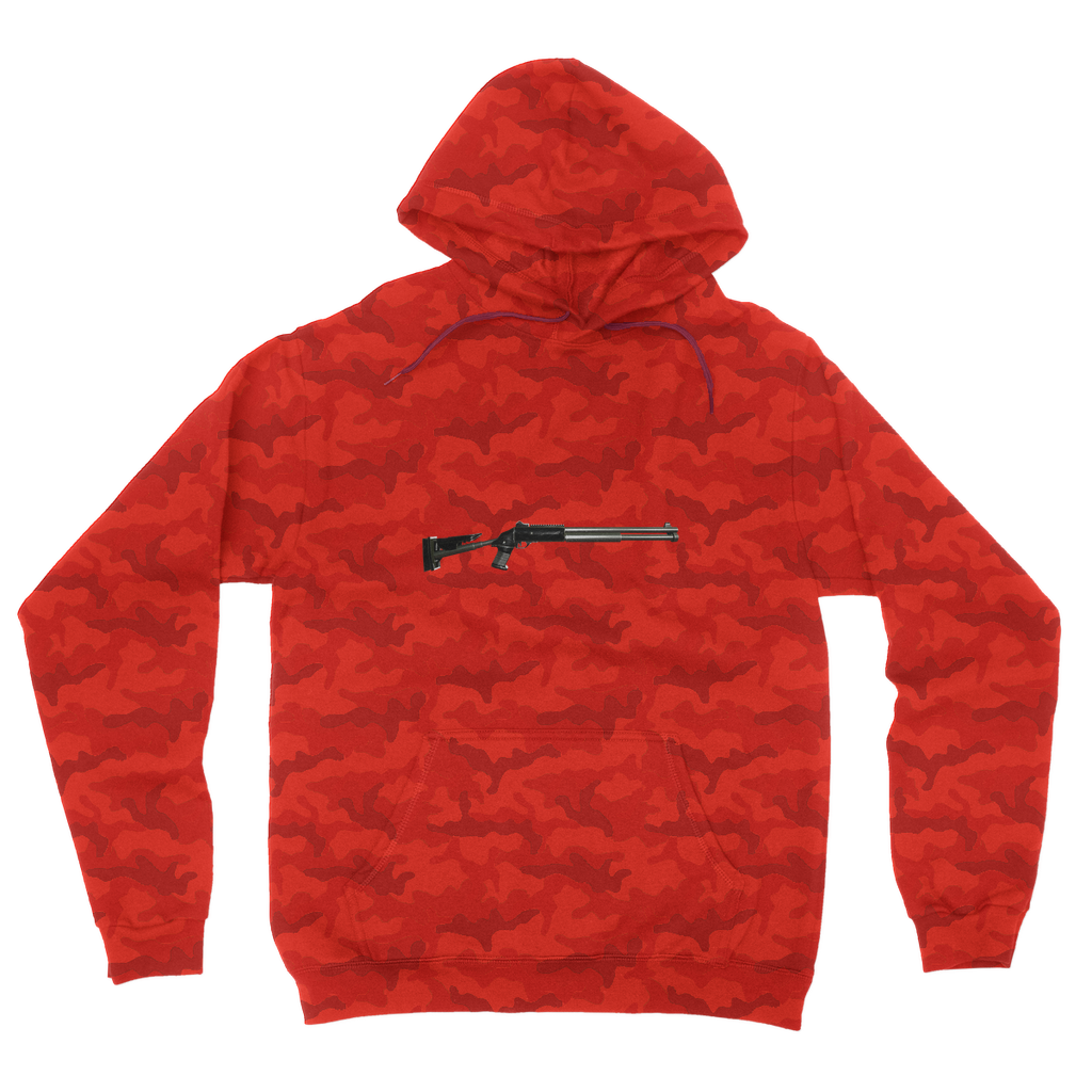 Shotgun Camouflage Adult Hoodie featuring an all-over camo design, double fabric hood, and kangaroo pouch pocket.