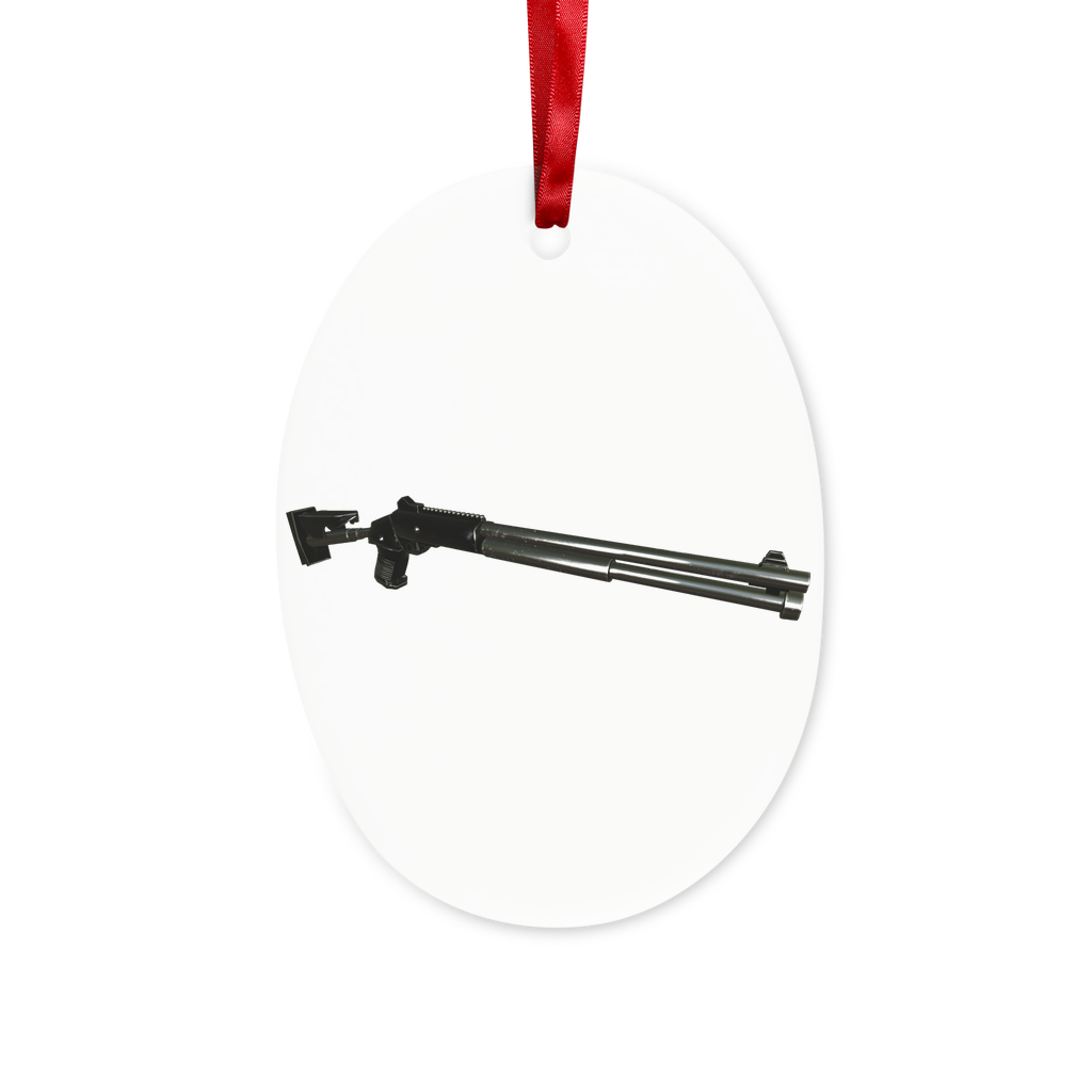 Shotgun Ceramic Hanging Ornament with red ribbon and gold string, beautifully designed for Christmas decoration.