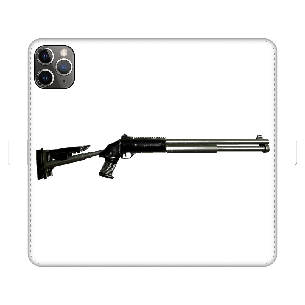 Shotgun Fully Printed Wallet Case featuring vibrant UV-printed designs, magnetic closure, and faux leather material, suitable for iPhone and Samsung models.