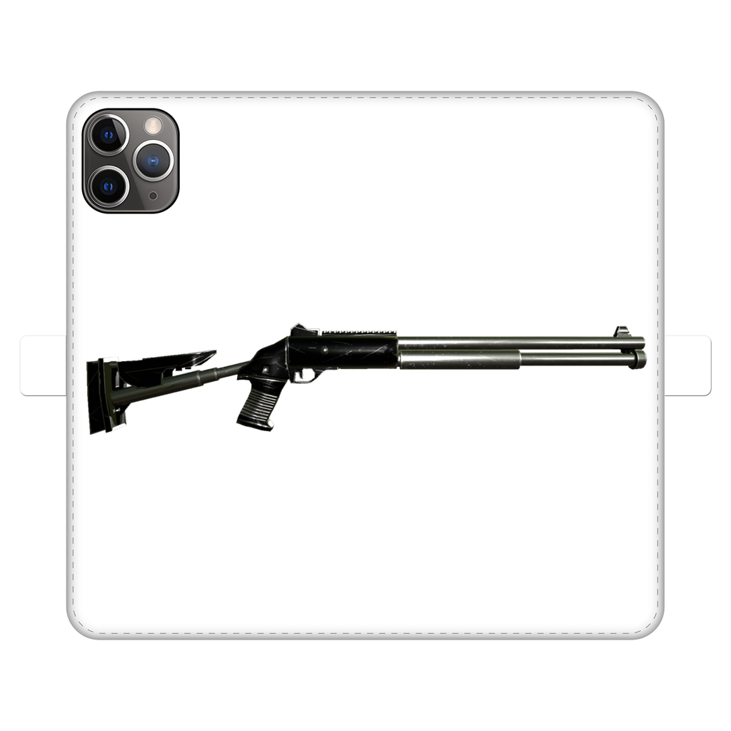 Shotgun Fully Printed Wallet Case featuring vibrant UV-printed designs, magnetic closure, and faux leather material, suitable for iPhone and Samsung models.