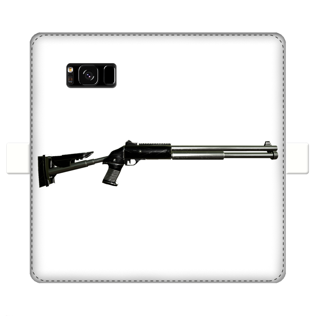 Shotgun Fully Printed Wallet Case featuring vibrant UV-printed designs, magnetic closure, and faux leather material, suitable for iPhone and Samsung models.